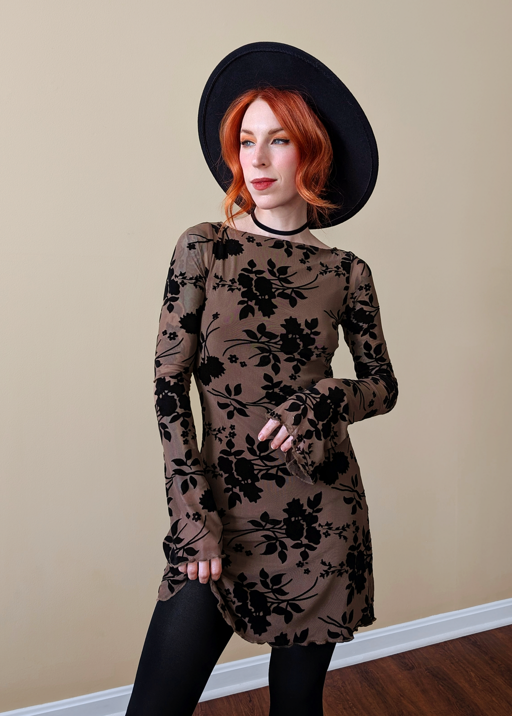 Isobel Sevila Brown Mesh and Black Flocked Velvet Mini Dress with Bell Sleeves by Motel Rocks Black Salt Isobel Sevila Brown Mesh and Black Flocked Velvet Mini Dress with Bell Sleeves by Motel Rocks Black Salt