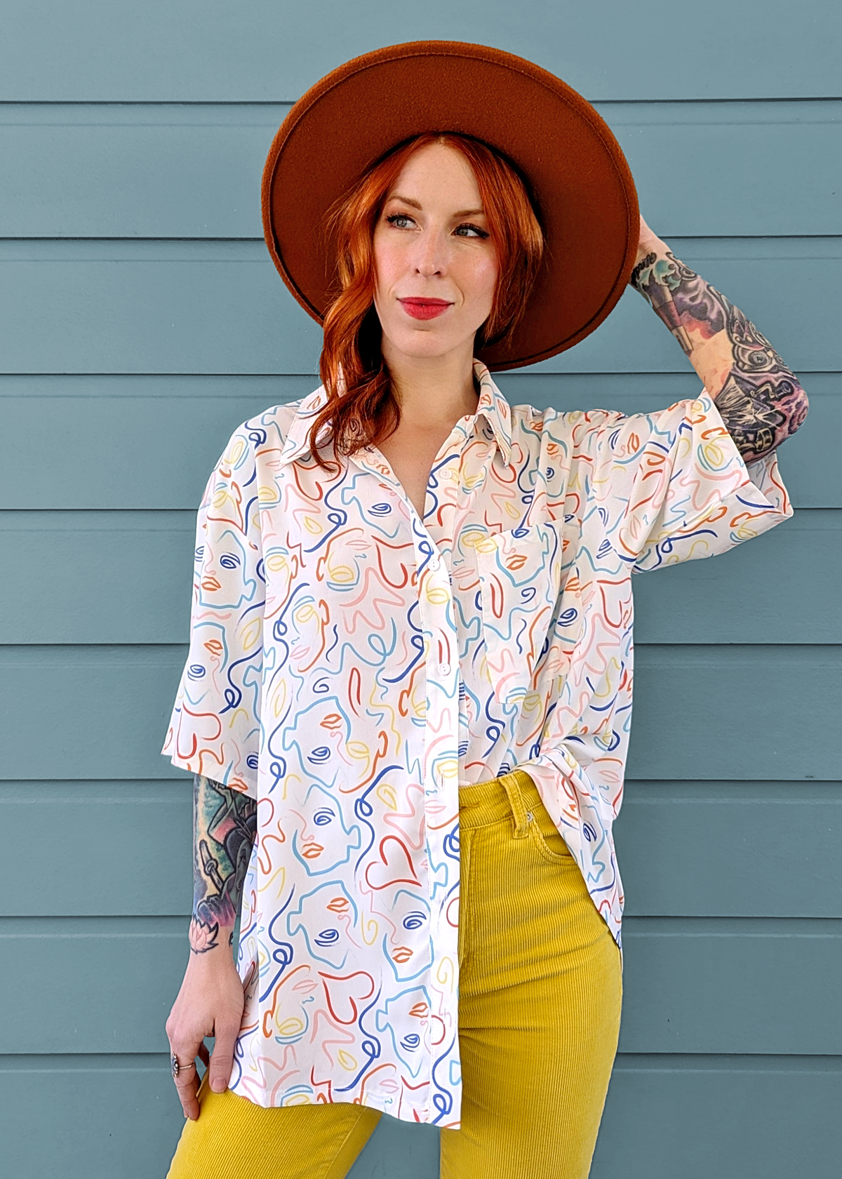 80s style oversized collared button up shirt with abstract rainbow face pattern by Glamorous UK