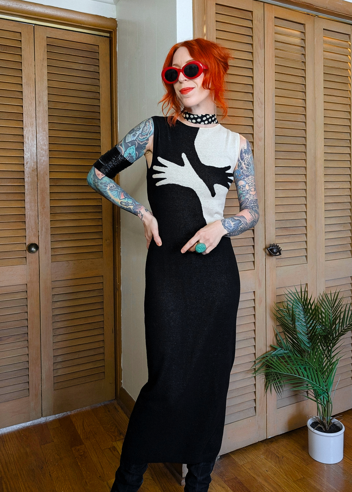 Another Girl black and ivory handsy hand print organic cotton knit midi dress