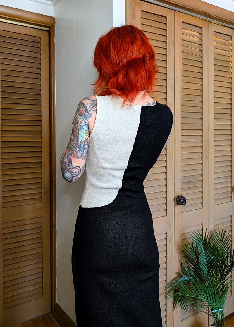 Another Girl black and ivory handsy hand print organic cotton knit midi dress - back view
