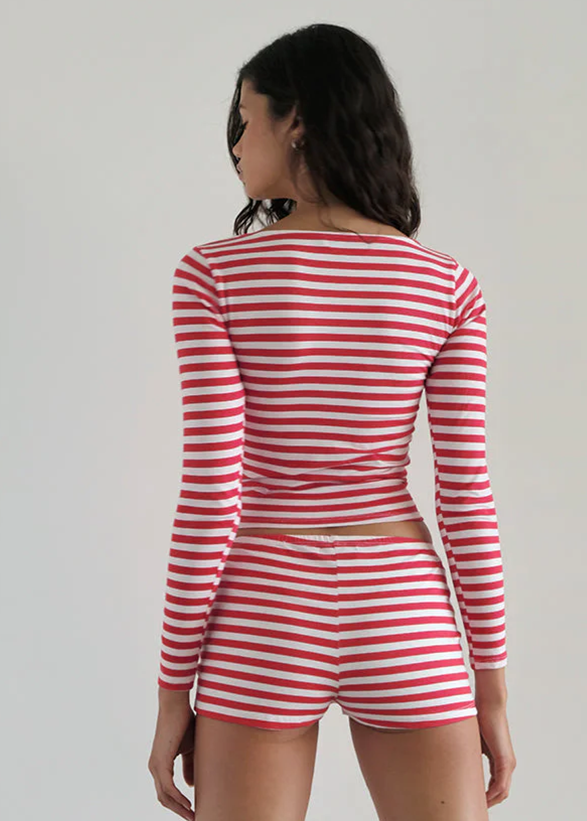 80s style red and white horizontal stripe square neck long sleeve tee by Motel Rocks
