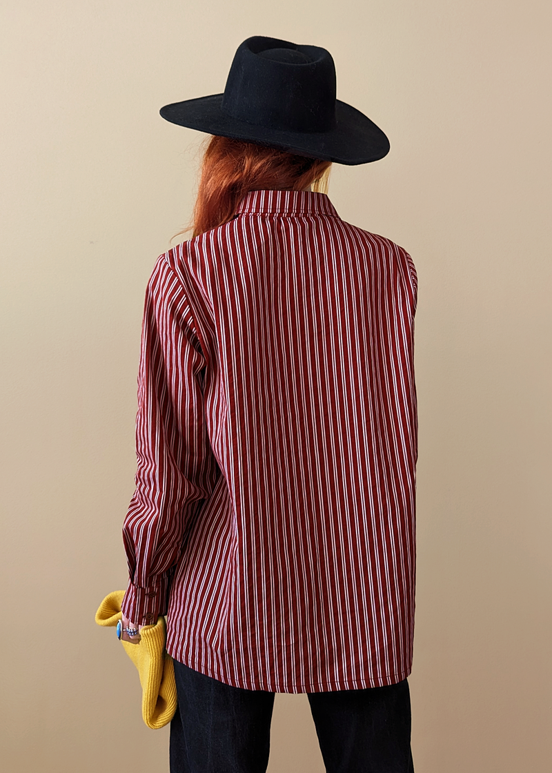 90s inspired Turner maroon and grey stripe button up collared cotton shirt by Motel Rocks