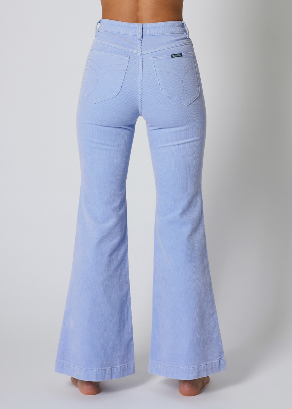 Rolla's Jeans Wisteria Blue Corduroy Flares. 70s inspired bell bottoms with a high rise waist, velvety thin wale corduroy, and a flare leg