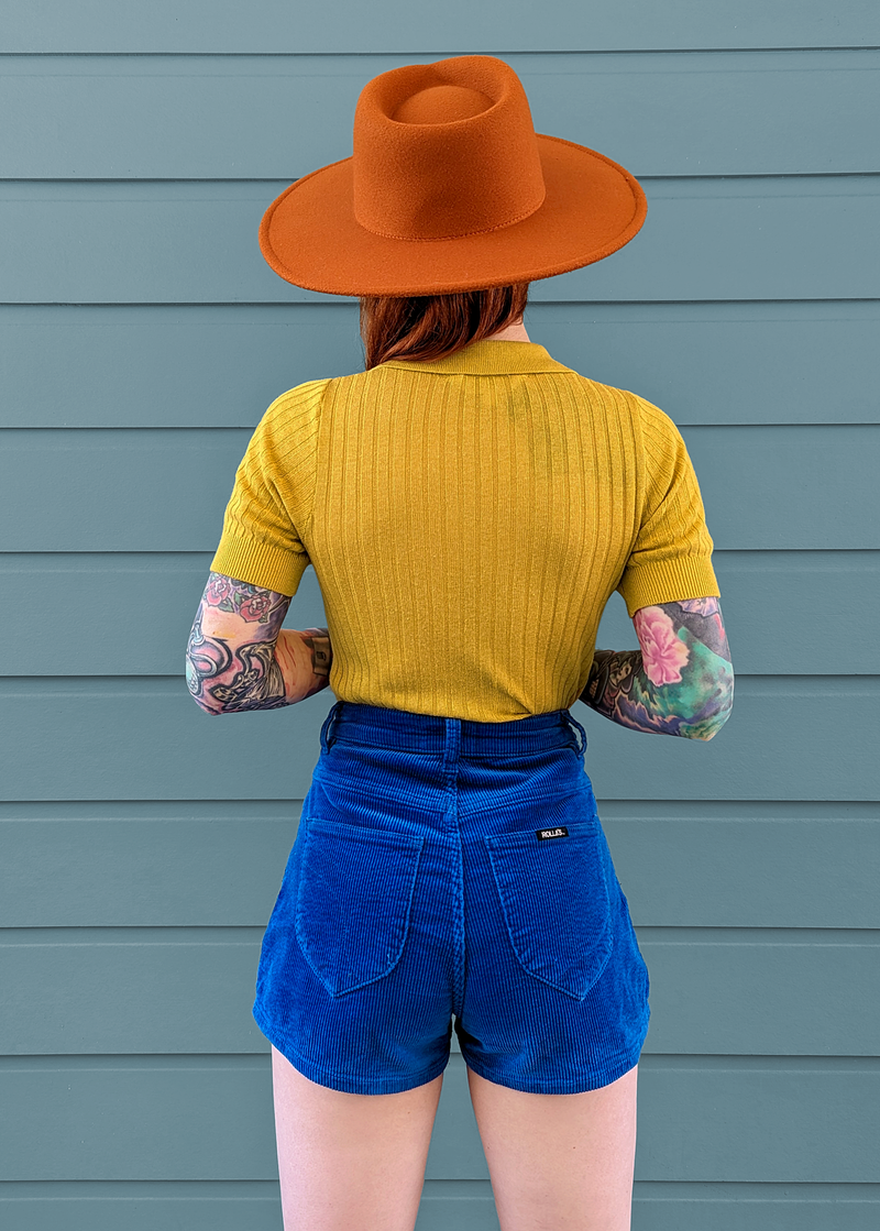 70s inspired electric blue corduroy Dusters shorts with high rise waist by Rolla's Jeans