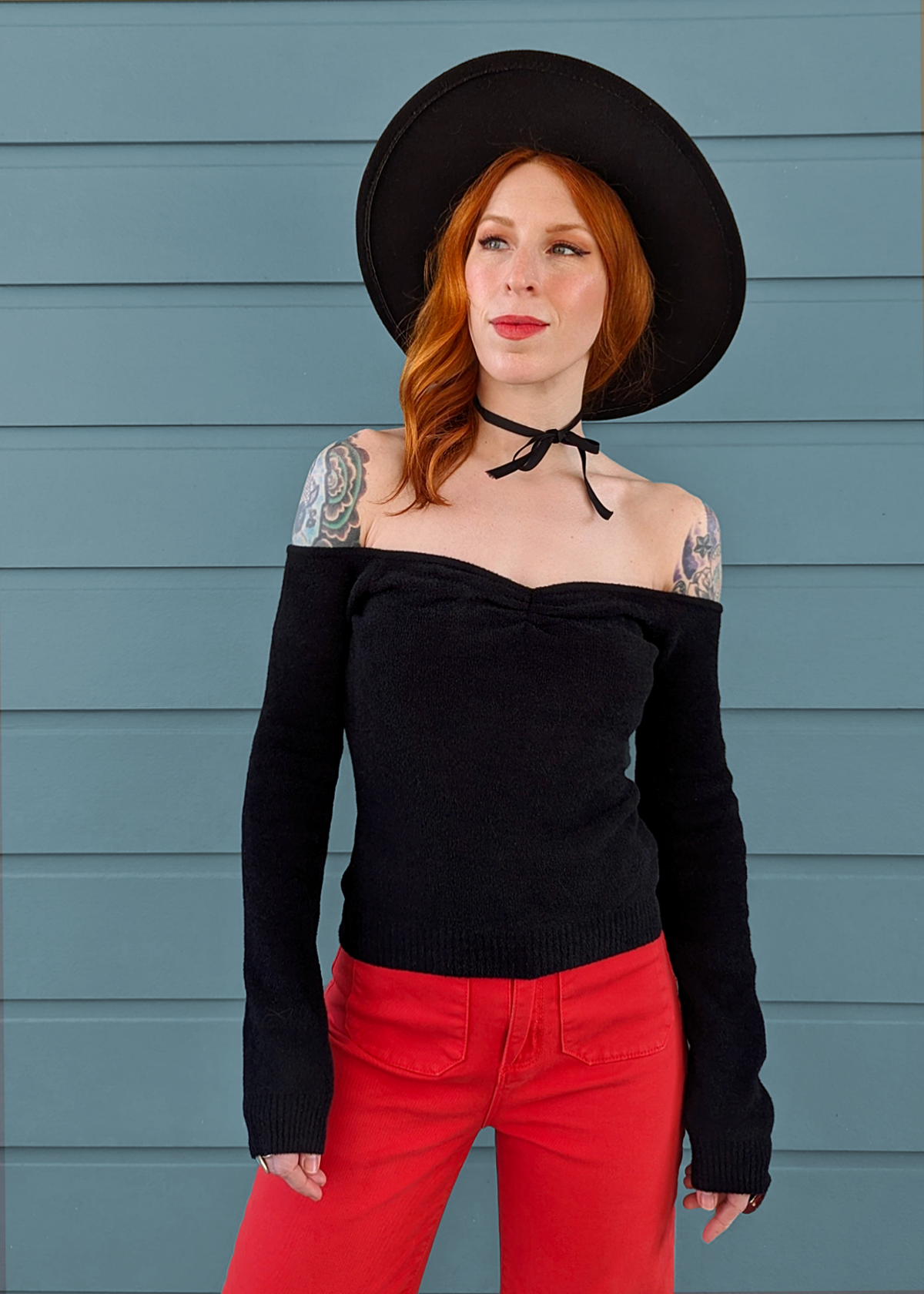 Retro Bardot Off Shoulder brushed knit sweater with sweetheart neckline and long sleeves with ribbed trim. Black colorway. By Motel Rocks.