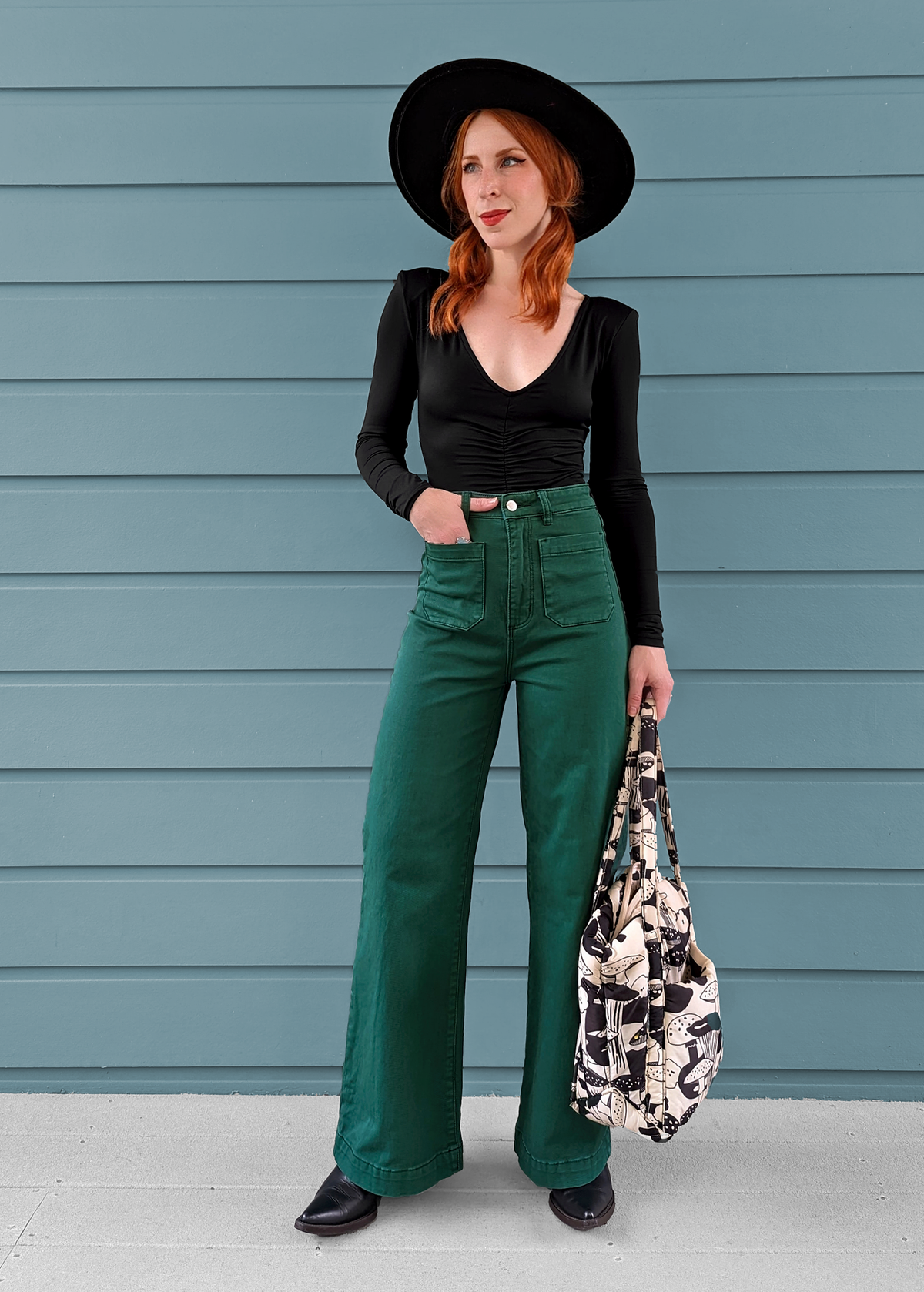 70s inspired high rise waist stretch cotton basil green sailor wide leg crop pant jean by Rolla's Jeans