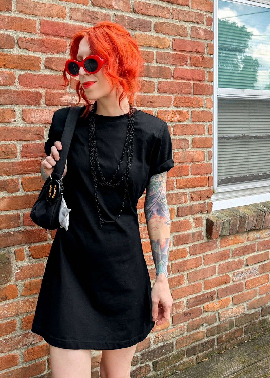 Black Cotton T-Shirt Mini Dress with Shoulder Pads