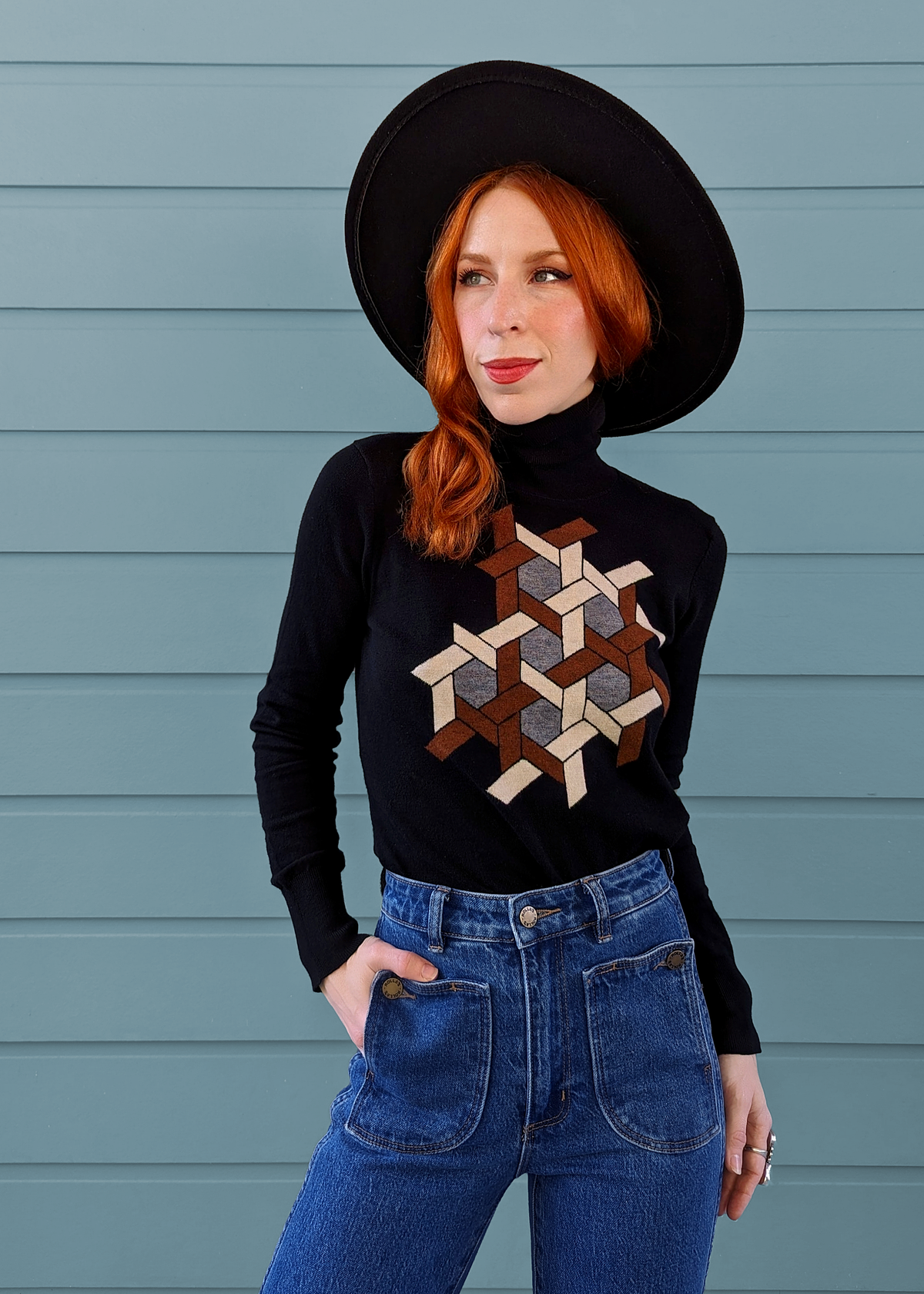 70s inspired wool turtleneck sweater with puzzle weave design at front in grey and brown. By Nice Things by Paloma S.