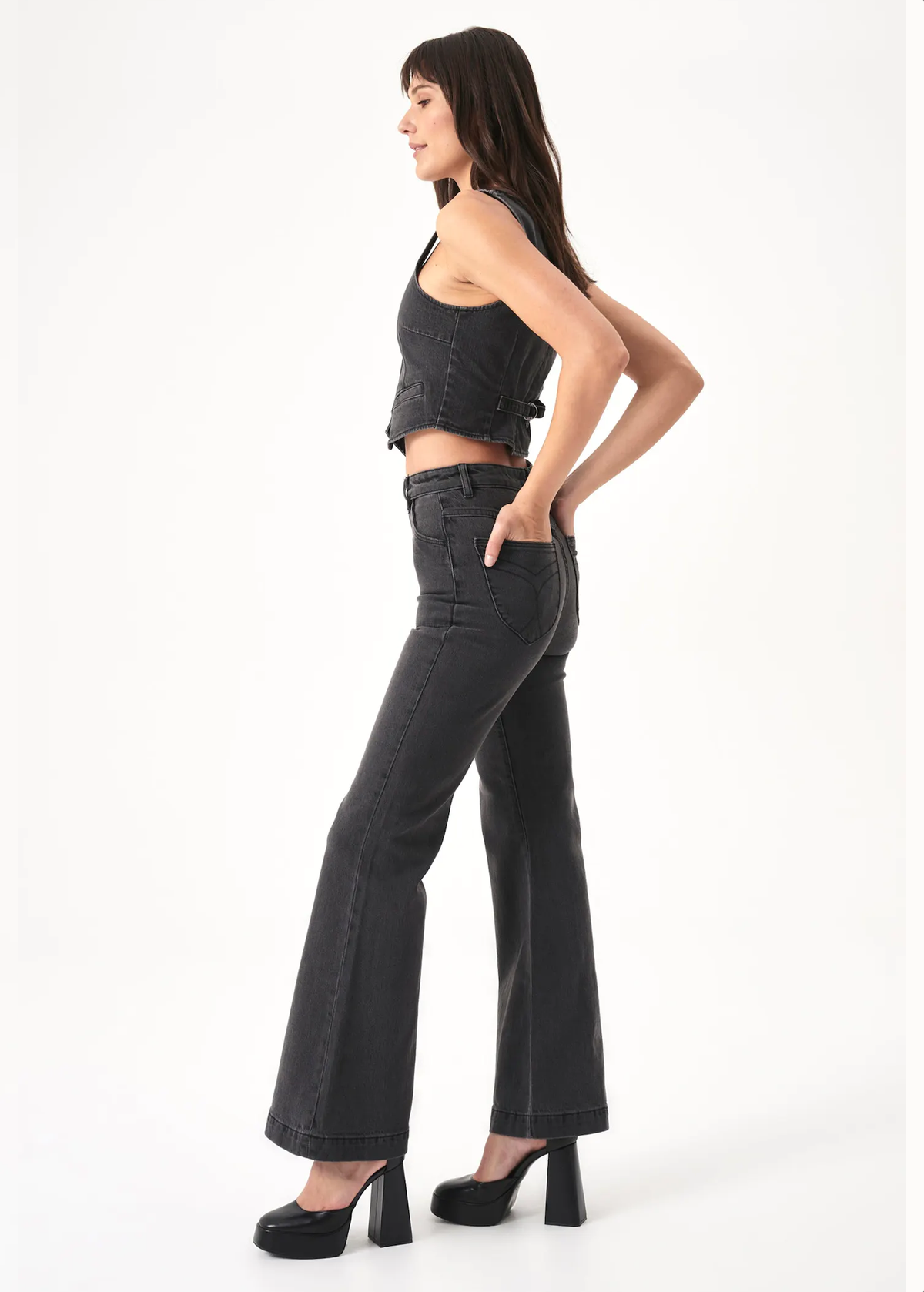 70s inspired faded Brad Black High Rise Waist Stretch Denim Eastcoast flares by Rolla's Jeans