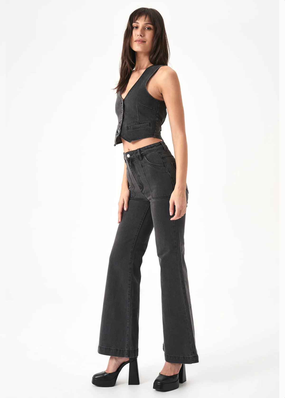 70s inspired faded Brad Black High Rise Waist Stretch Denim Eastcoast flares by Rolla's Jeans