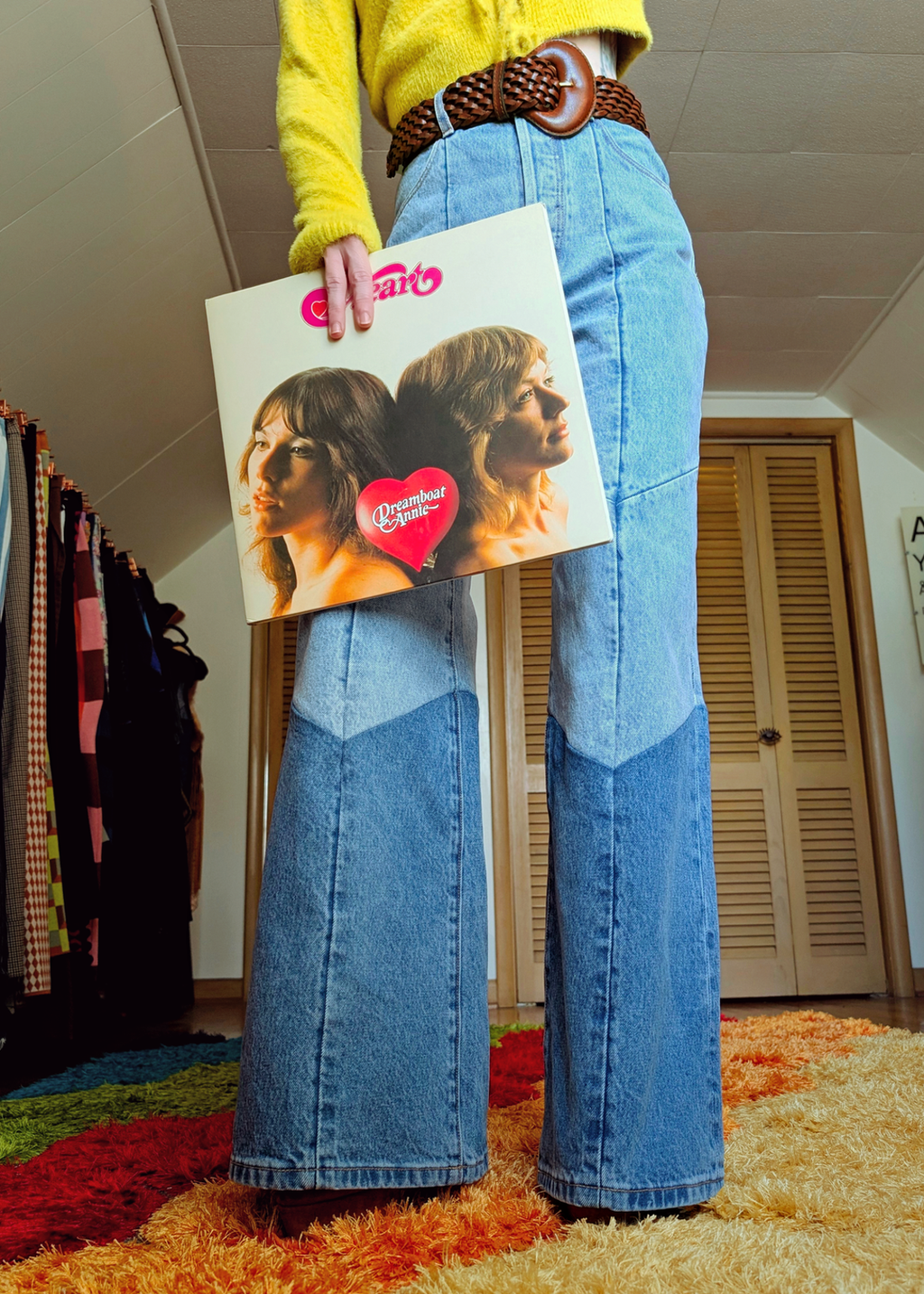 70s Inspired Light Blue Denim Patchwork Chevron Studio Wide Leg