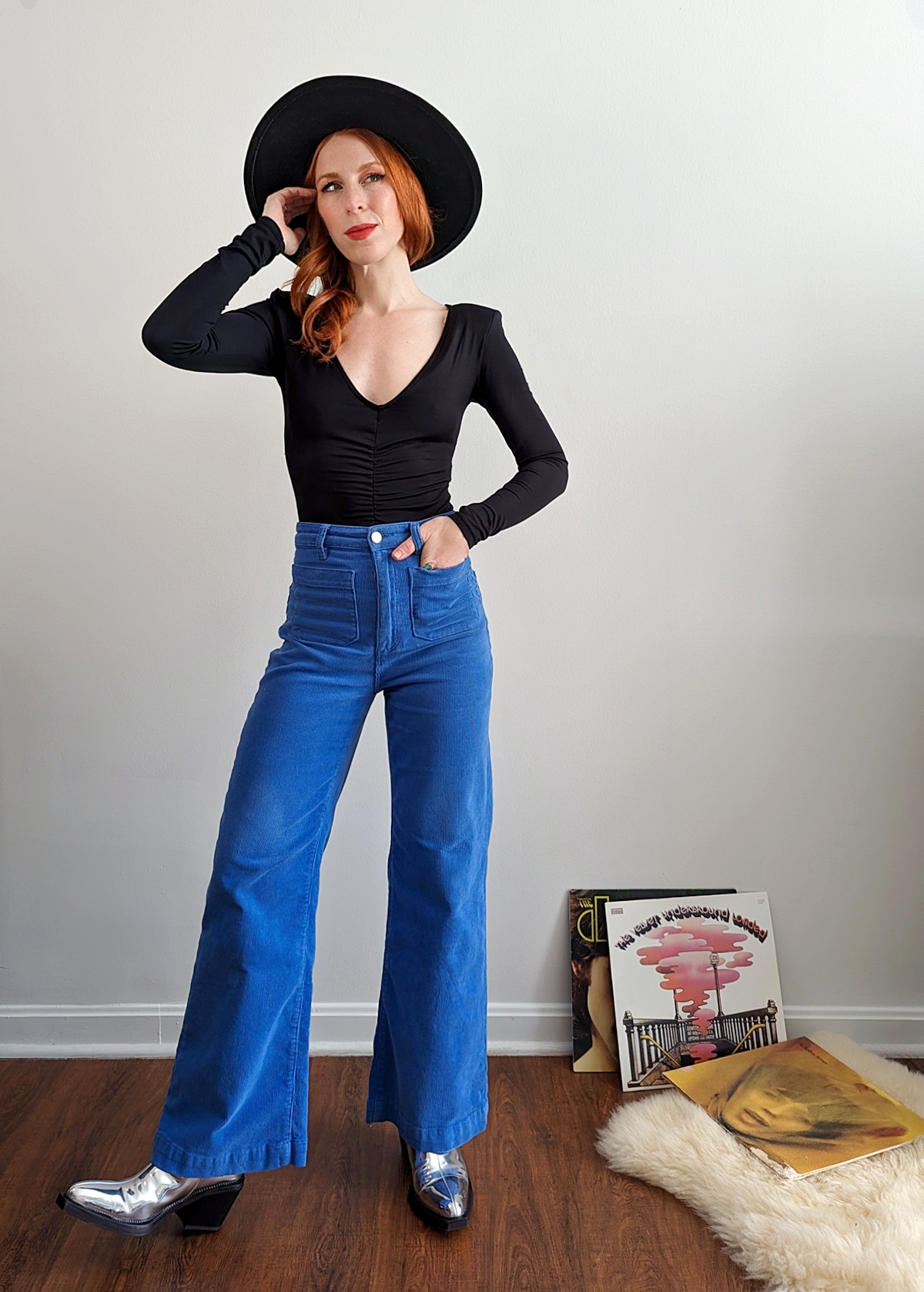 70s inspired cobalt blue corduroy sailor wide leg ankle length crop pants with high rise waist and patch front pockets by Rolla's Jeans