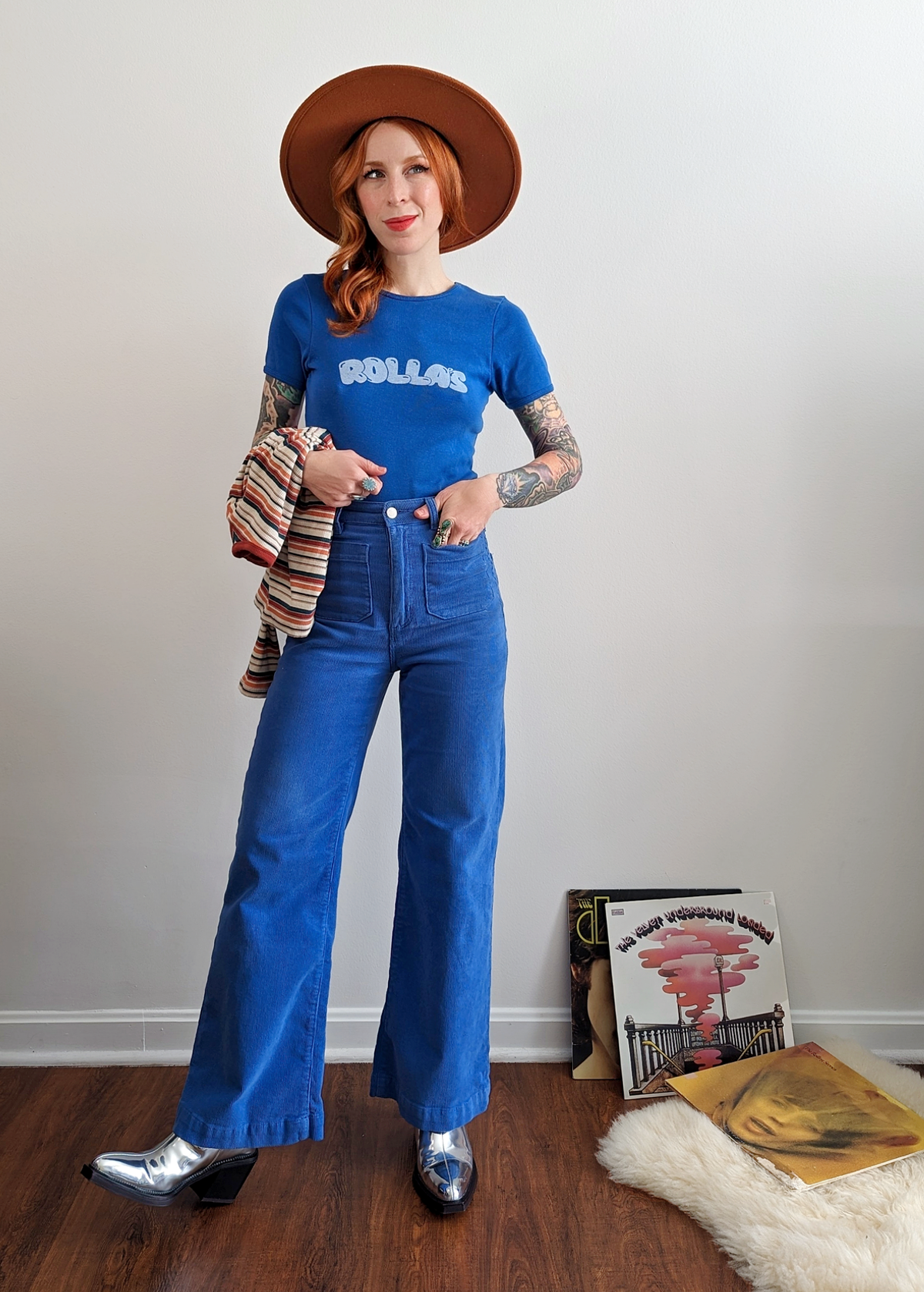 70s inspired cobalt blue corduroy sailor wide leg ankle length crop pants with high rise waist and patch front pockets by Rolla's Jeans