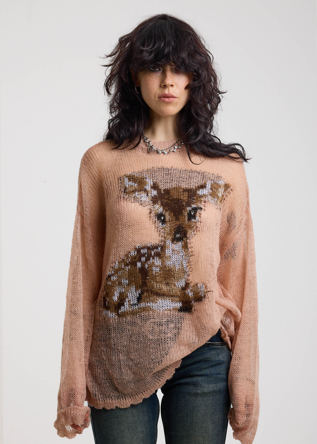Bambi Deer Pink Peachy Open knit Oversized Sweater by Ragged