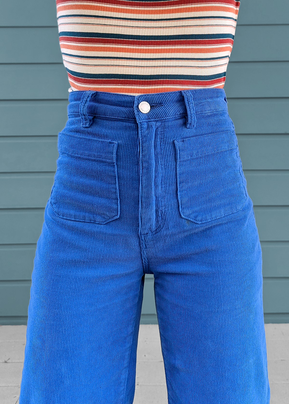 70s inspired cobalt blue corduroy sailor wide leg ankle length crop pants with high rise waist and patch front pockets by Rolla's Jeans