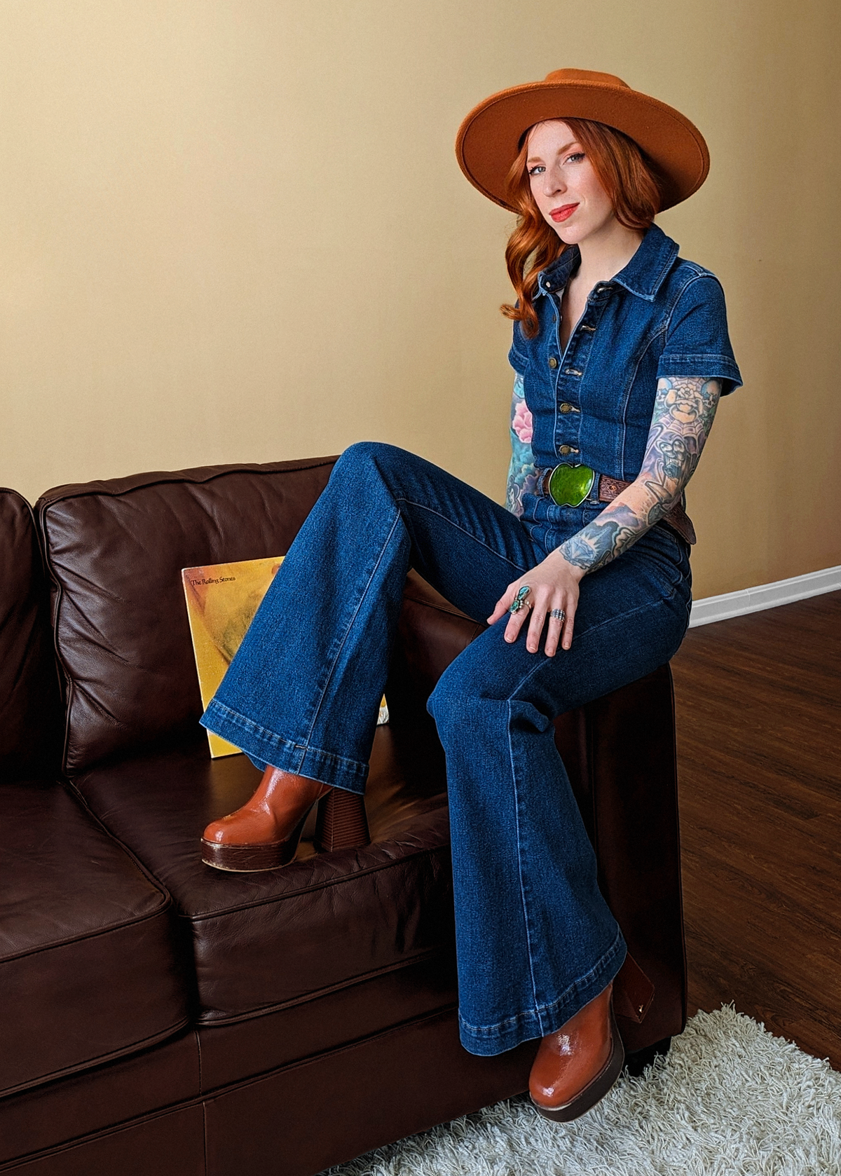 70s inspired stretch blue denim Eastcoast Flare Jumpsuit with collar and button front by Rolla's Jeans