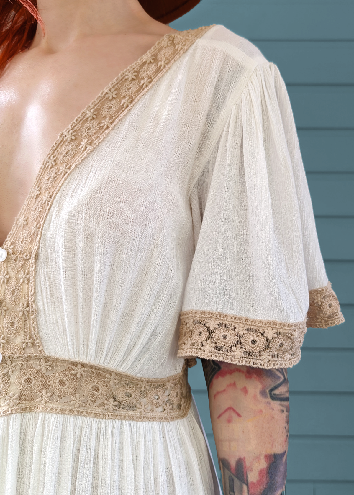 70s inspired Laurel Canyon Ivory Gauze and Lace Prairie Midi Sheer Dress by Band of the Free 