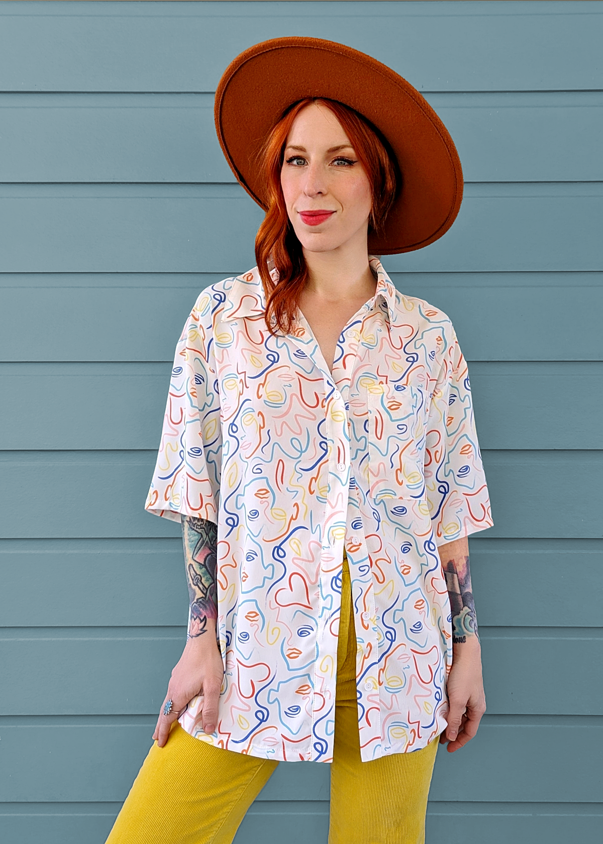 80s style oversized collared button up shirt with abstract rainbow face pattern by Glamorous UK