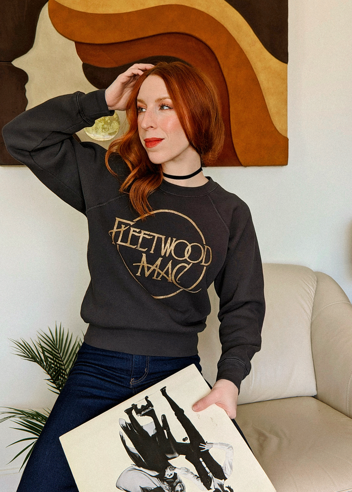 Washed Black Fleetwood Mac raglan crew neck sweatshirt with gold graphics at front, by Daydreamer LA, officially licensed and made in California