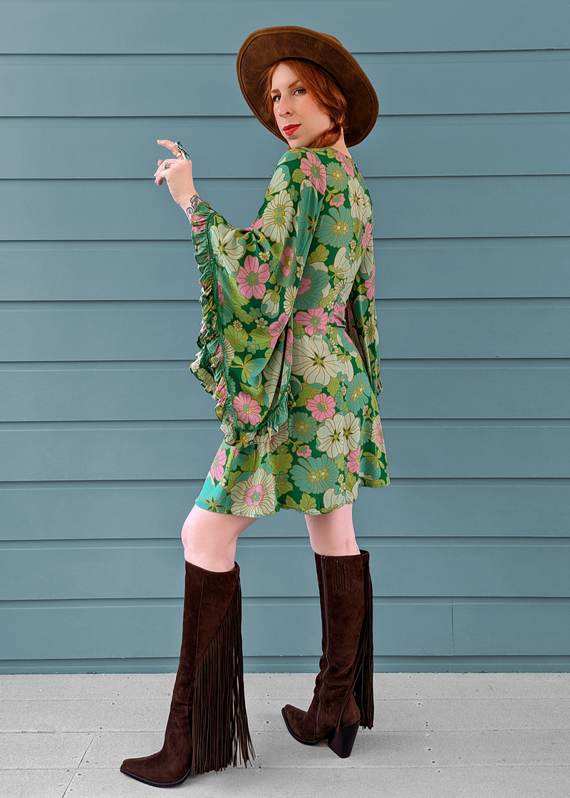 60s 70s inspired Angel Bell Sleeve Vixen Mini Dress in Arcadia green and pink floral by Nine Lives Bazaar