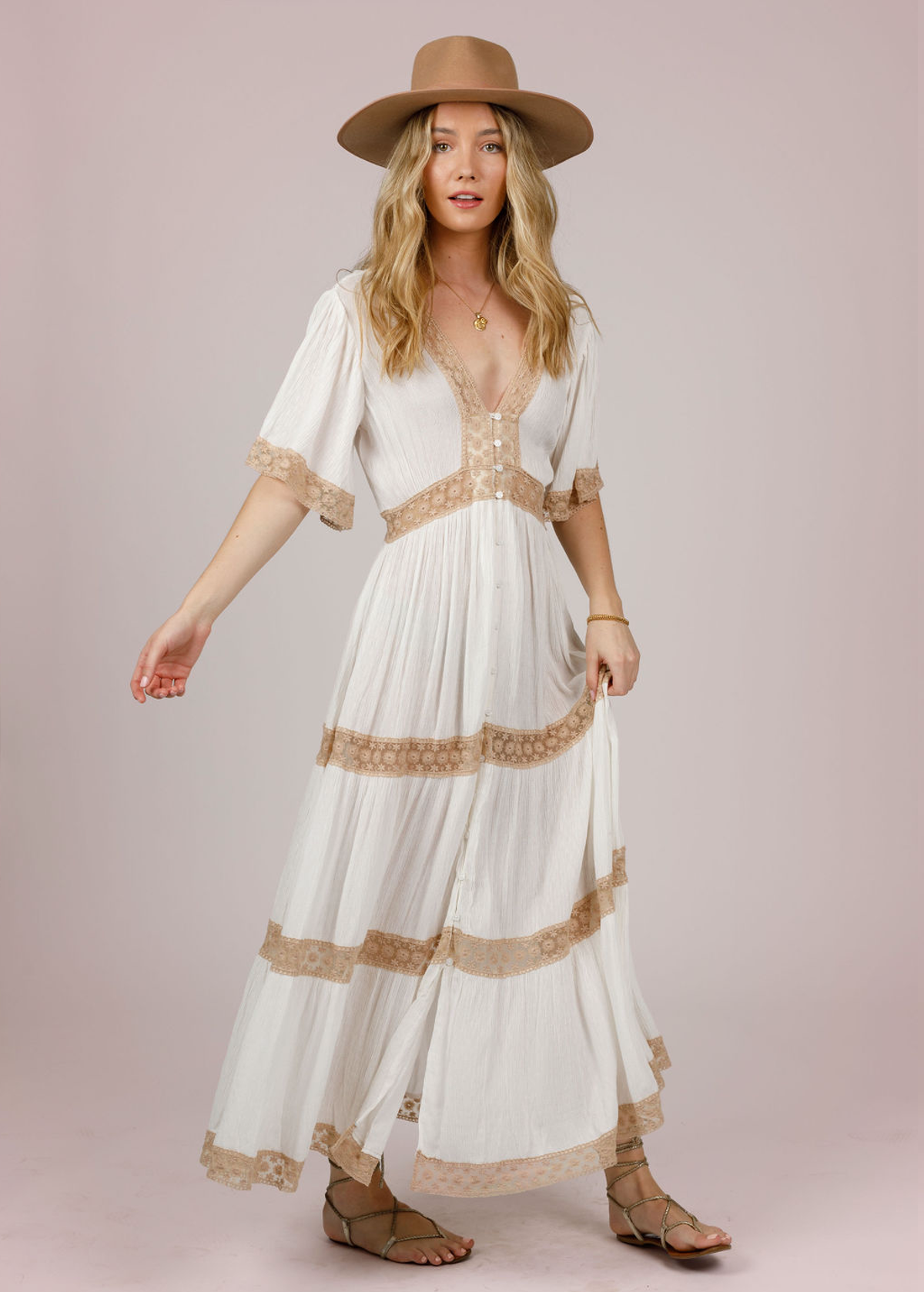 70s inspired Laurel Canyon Ivory Gauze and Lace Prairie Midi Maxi Dress by Band of the Free 