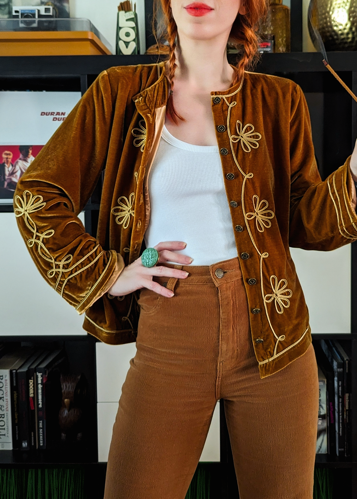 60s 70s inspired Golden Honey Brown Velvet Hendrix jacket with embroidered details and custom buttons down the front, by Nine Lives Bazaar. Sgt. Pepper Jacket Vibes