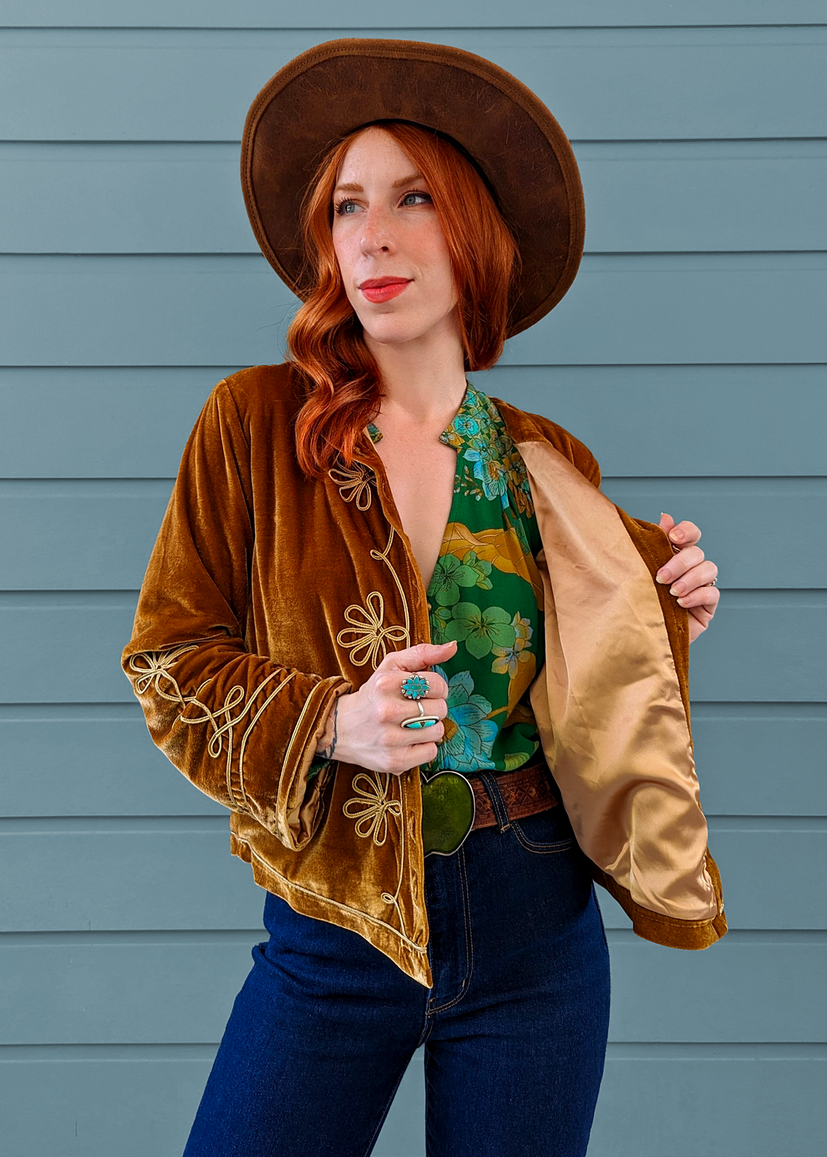 60s 70s inspired Golden Honey Brown Velvet Hendrix jacket with embroidered details and custom buttons down the front, by Nine Lives Bazaar. Sgt. Pepper Jacket Vibes