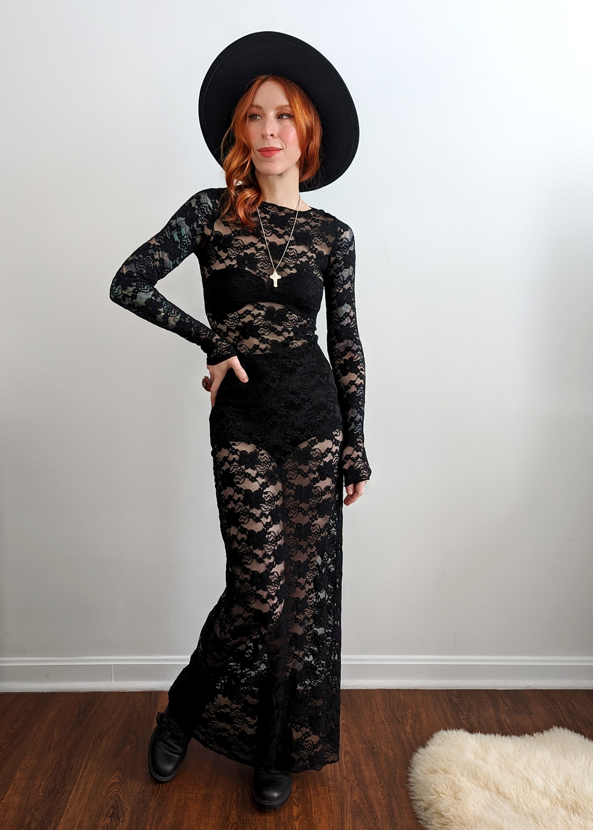 Gothic, Romantic 90s inspired black stretch floral lace long sleeve maxi dress, unlined, sheer, by Motel Rocks