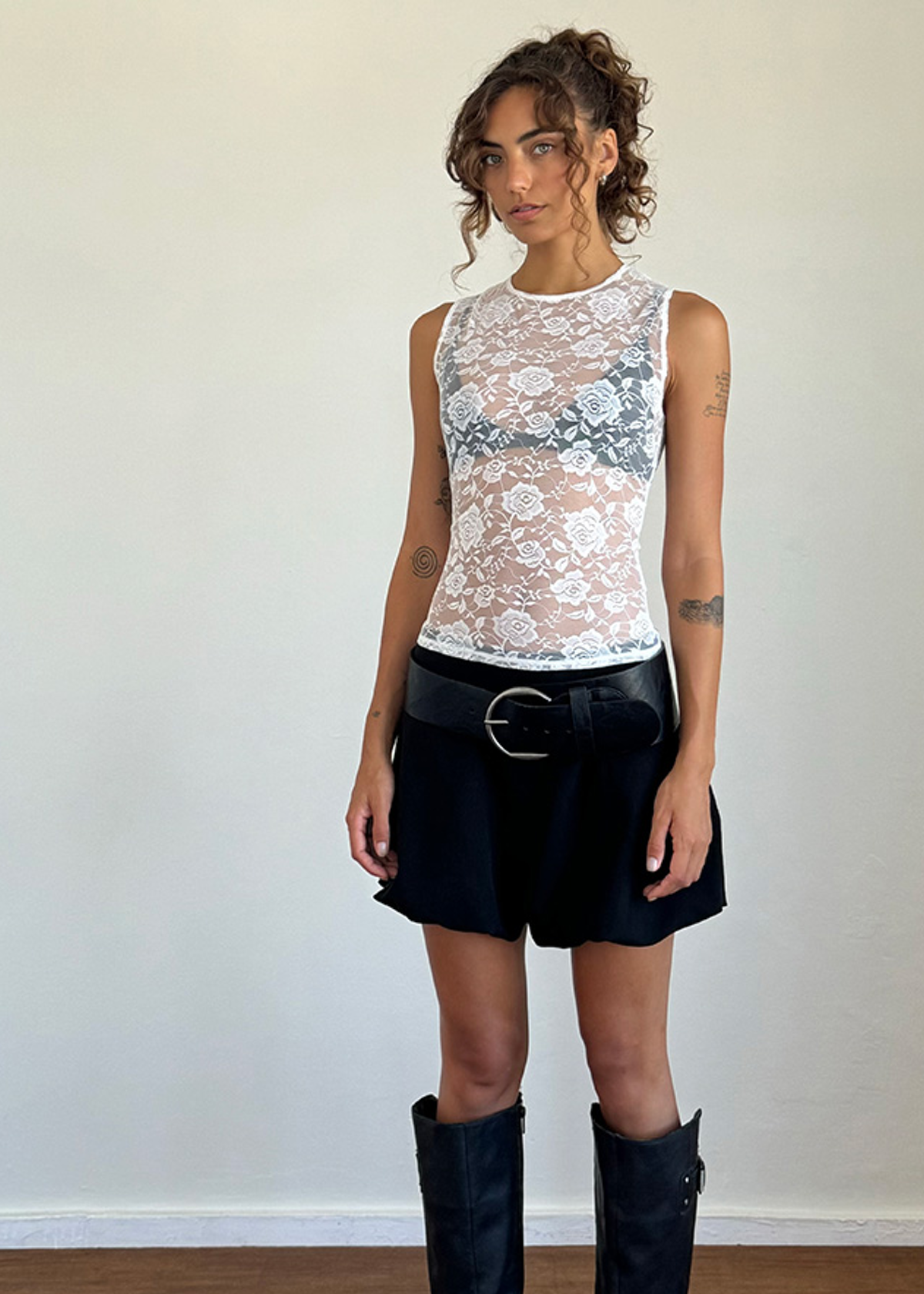 Motel White Rose Lace Sheer Sleeveless Top giving '90s vibes