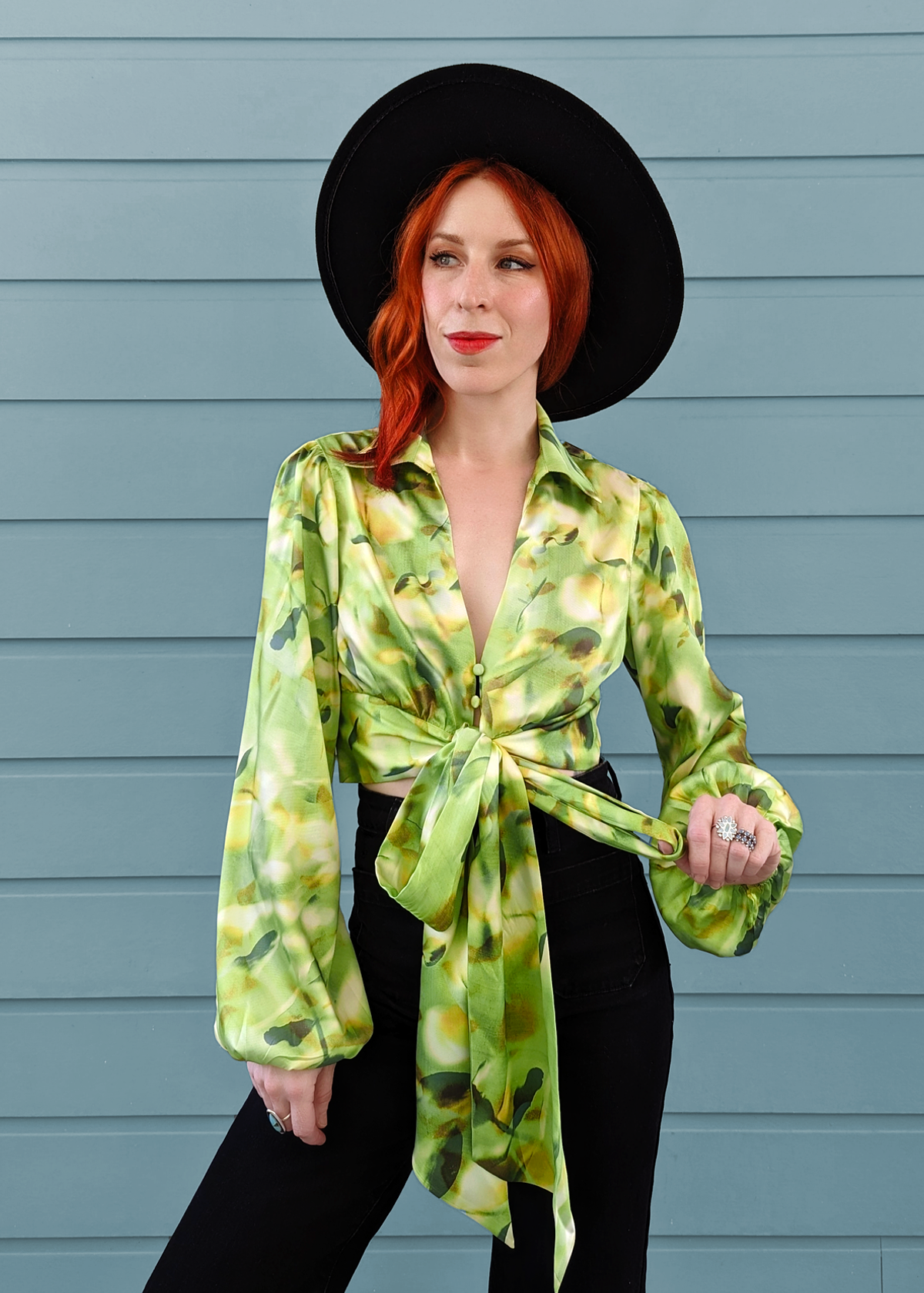 70s meets 90s vibes with the Lemon Lime Voluminous Sleeve Collared Tie Crop Blouse from Glamorous UK