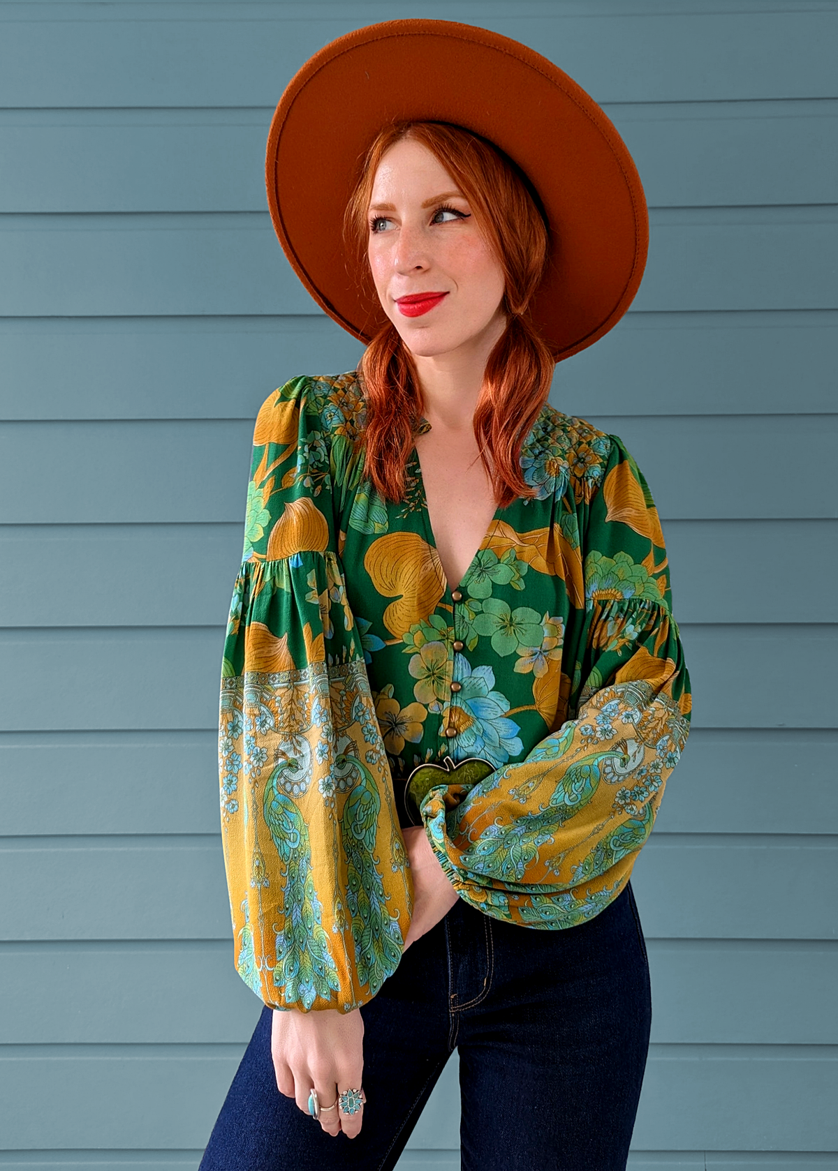 70s inspired bohemian Lotus Forest Floral blouse with voluminous sleeves and button front, in green, mustard, orange, by Nine Lives Bazaar