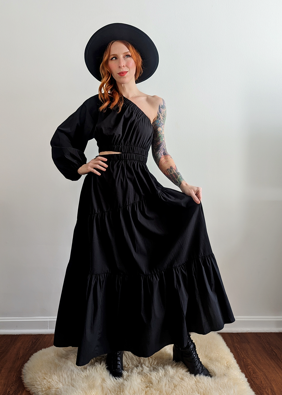 Black One-Sleeve Asymmetric Midi Maxi Dress with tiered skirt by Little Lies 