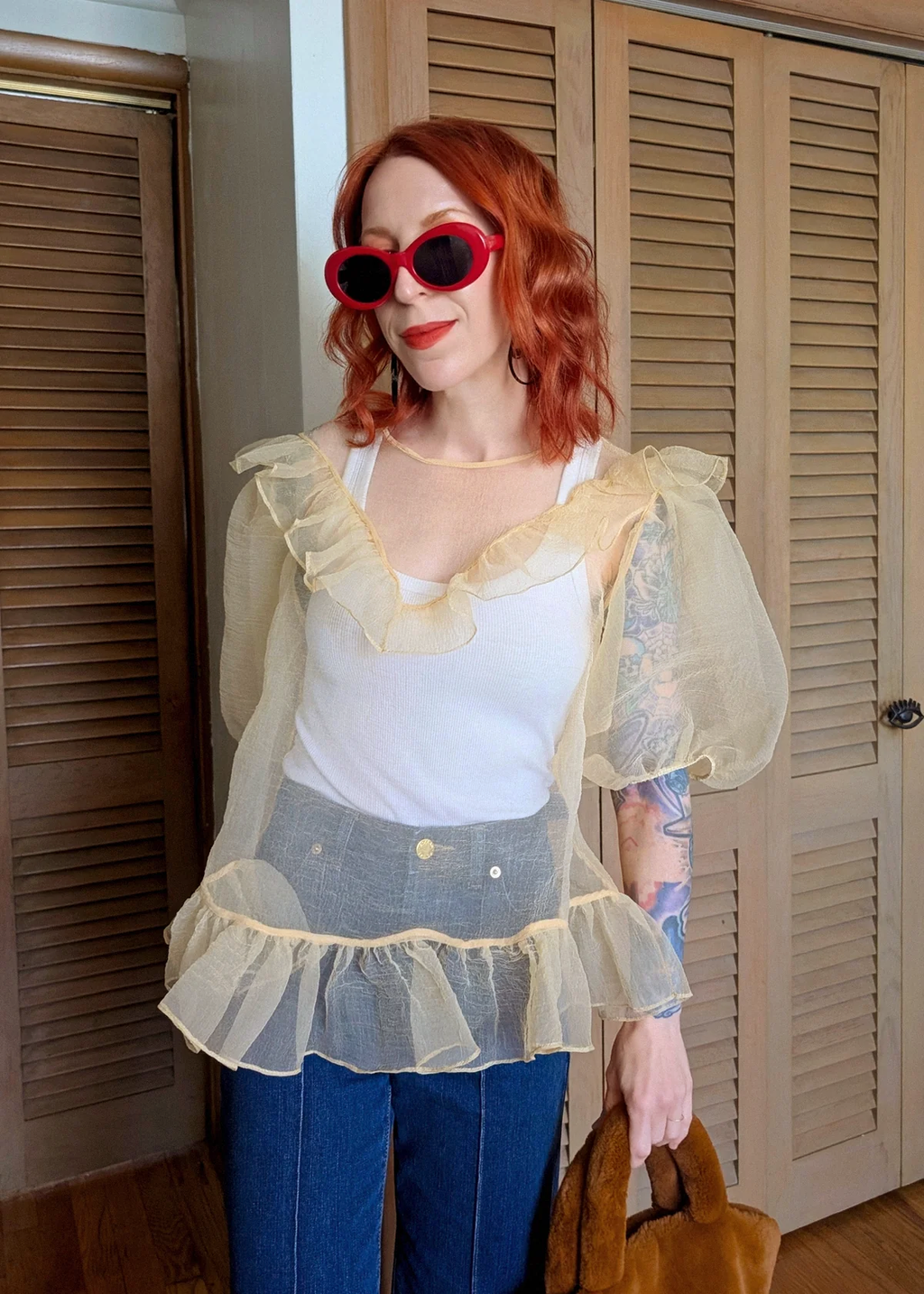 Butter Yellow Sheer Organza Oversized Balloon Sleeve Ruffle Top by
