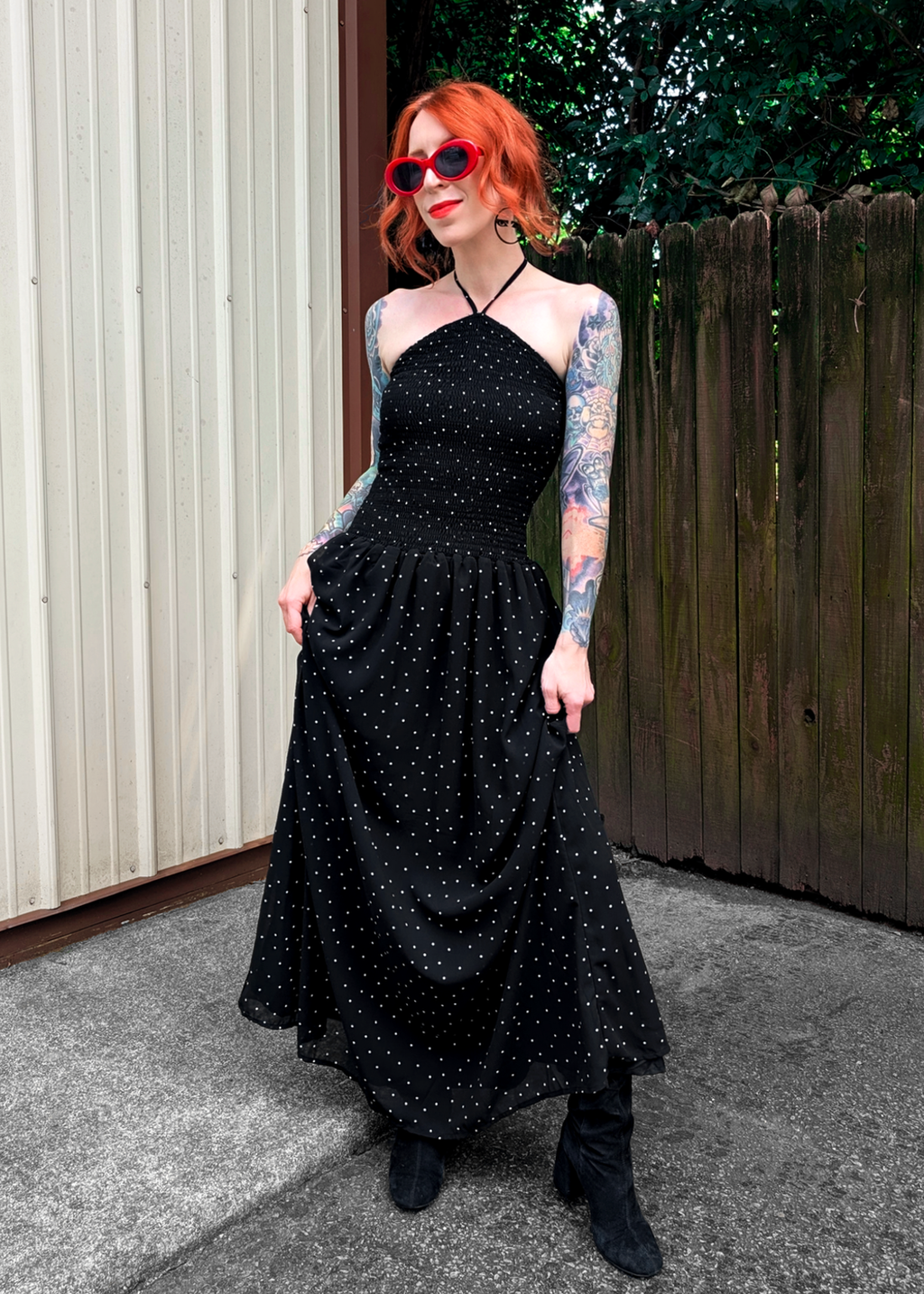 Black and White Polka Dot Shirred Halter Maxi Dress by Daisy Street S