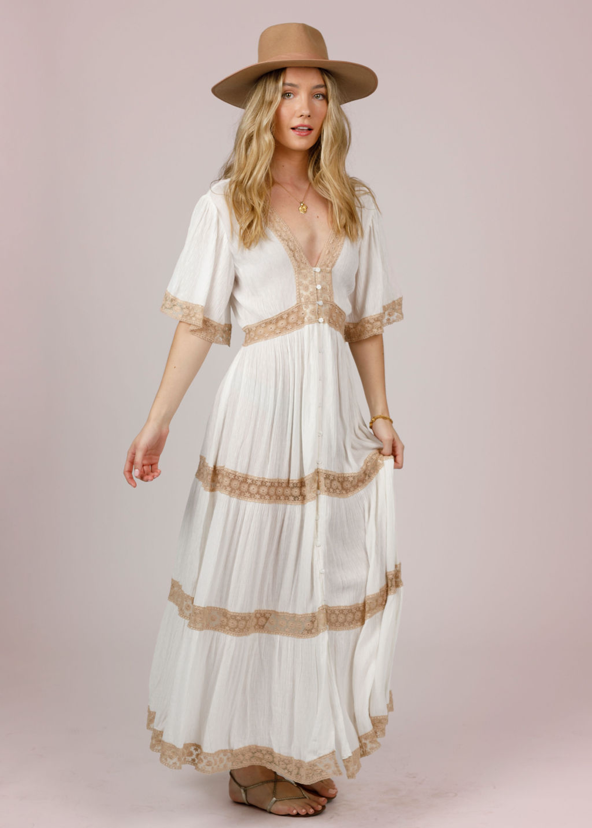 70s inspired Laurel Canyon Ivory Gauze and Lace Prairie Midi Maxi Dress by Band of the Free 