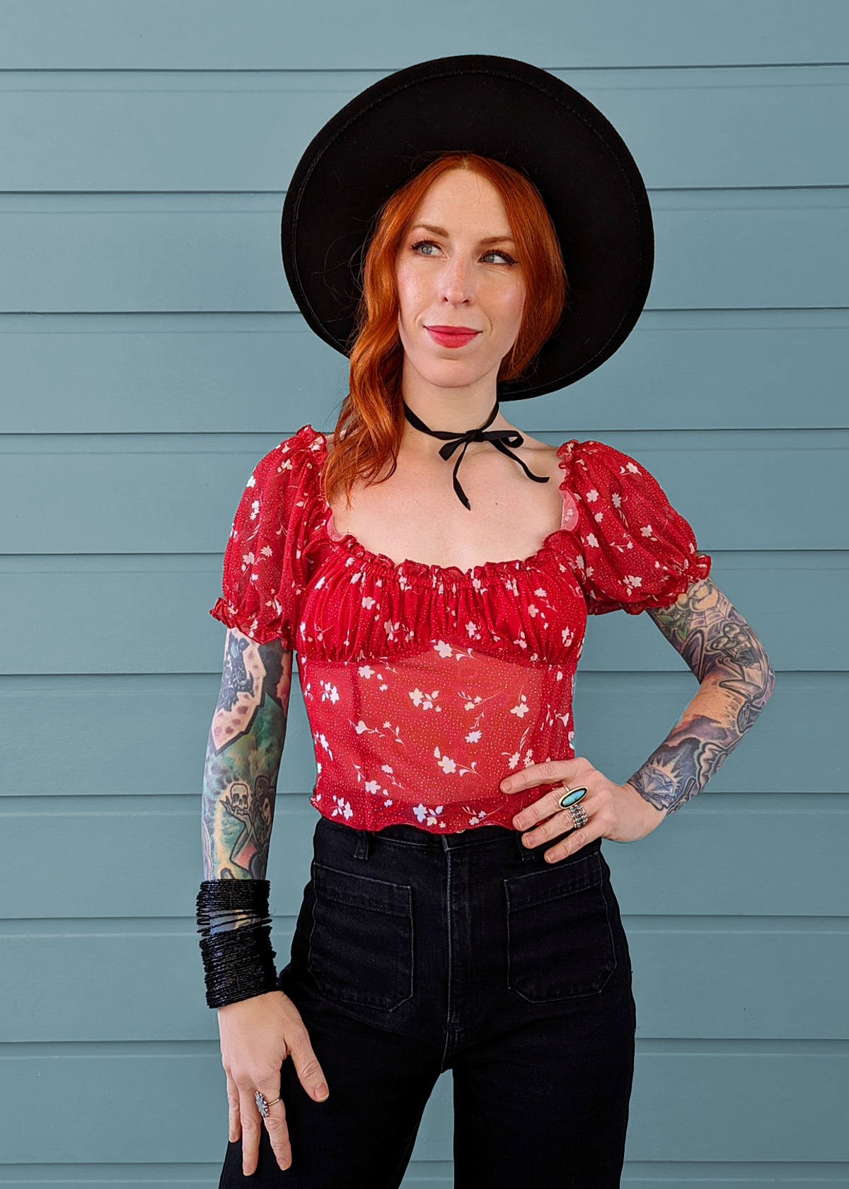 Red and White Floral Mesh Puff Sleeve Prairie Smocked Crop Top by Glamorous UK