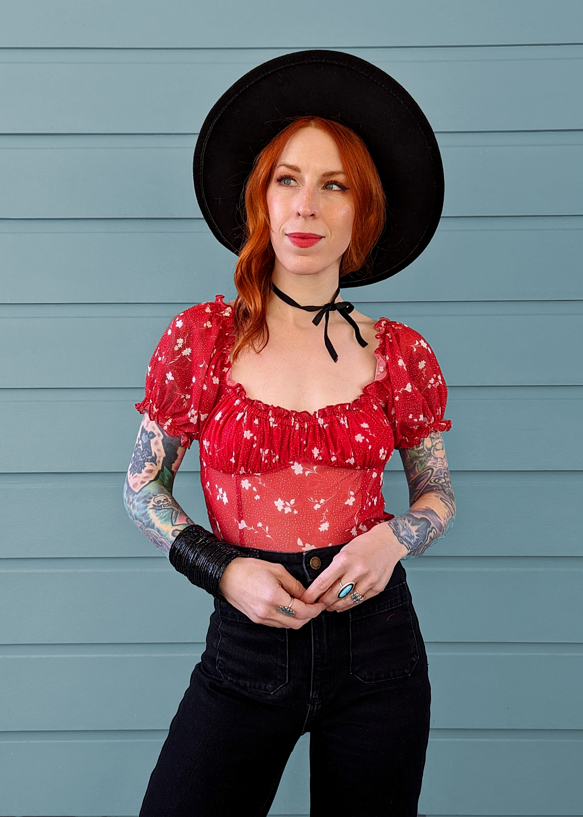 Red and White Floral Mesh Puff Sleeve Prairie Smocked Crop Top by Glamorous UK