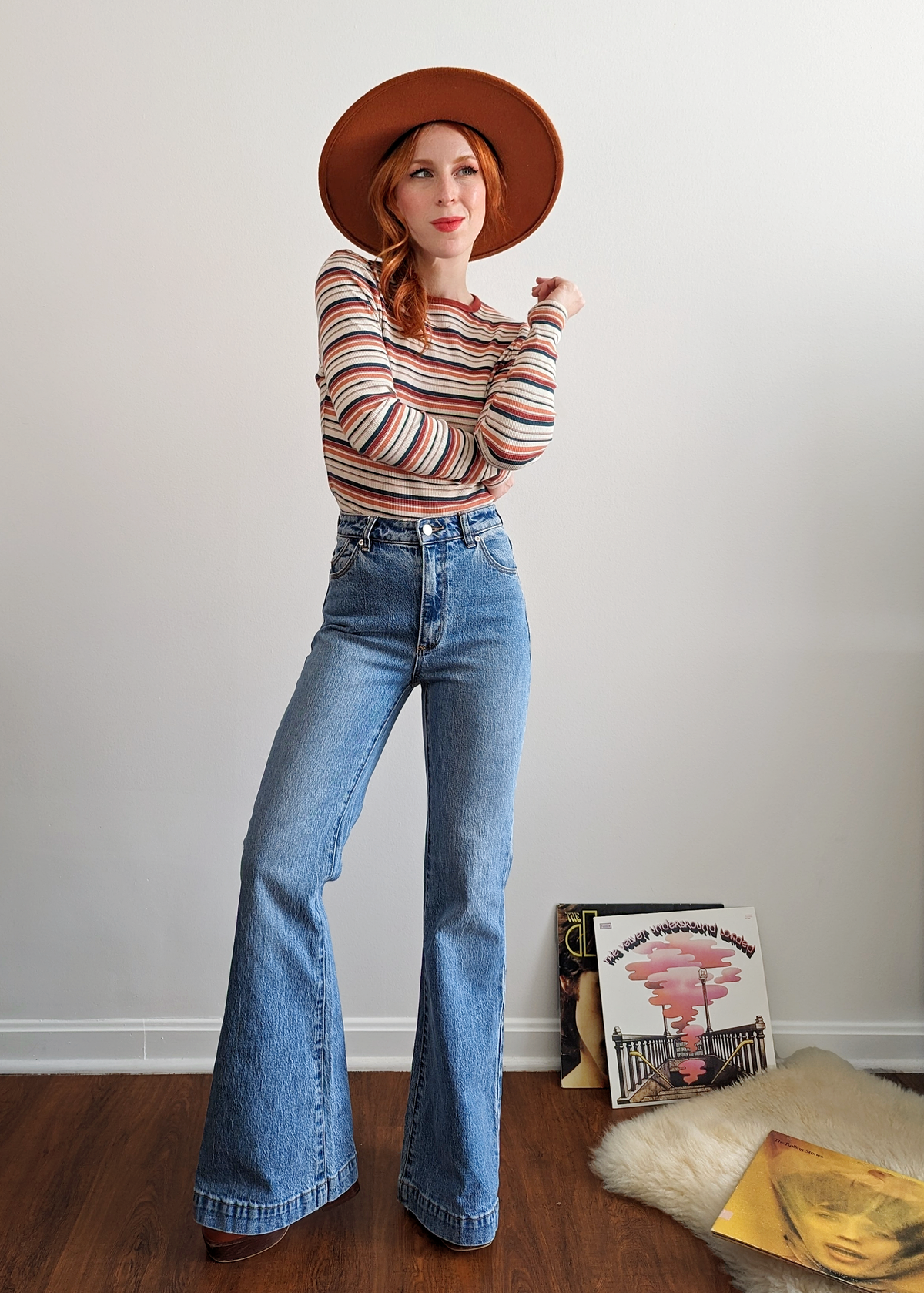 The Rolla's Jeans Salty Blue Denim Eastcoast Flares. 70s inspired bell bottom jeans with a high rise waist and faded blue denim wash. Organic Cotton!