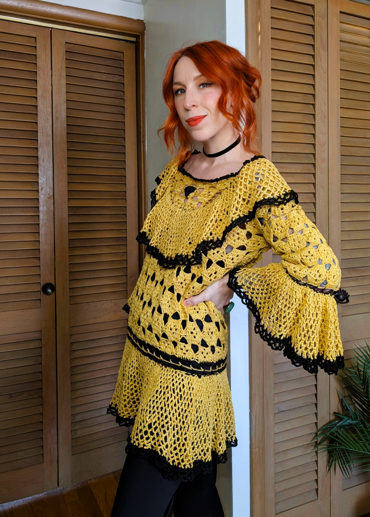 Vintage '70s Goldenrod Crochet Bell Sleeve Tunic Dress
