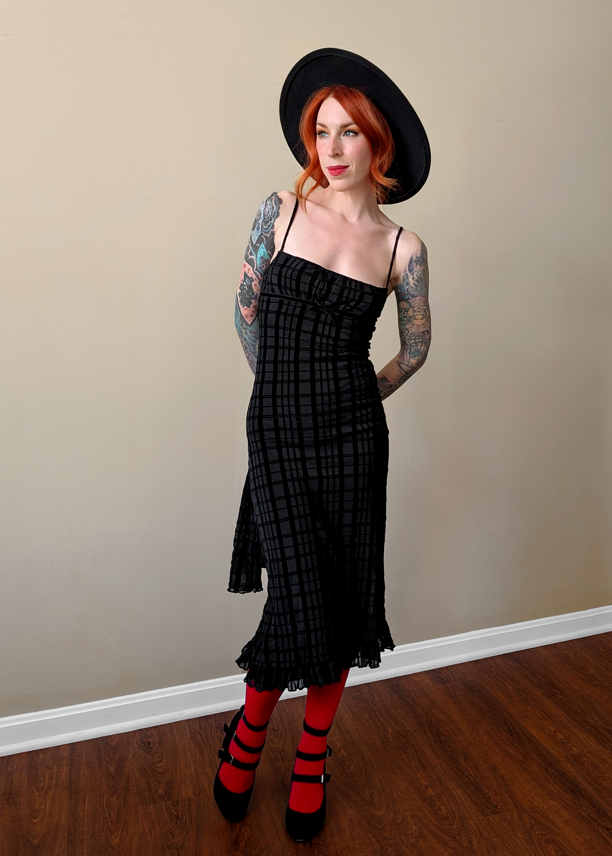 Vow Check Flocked Mesh Midi Slip Dress