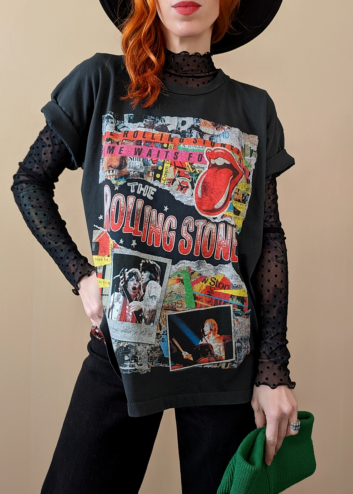 Daydreamer LA Rolling Stones Time Waits for No One Tongue, concert tickets, and photograph of the band with Mick Jagger, Charlie Watts, Keith Richards. Oversized Tee. Officially Licensed and made in California