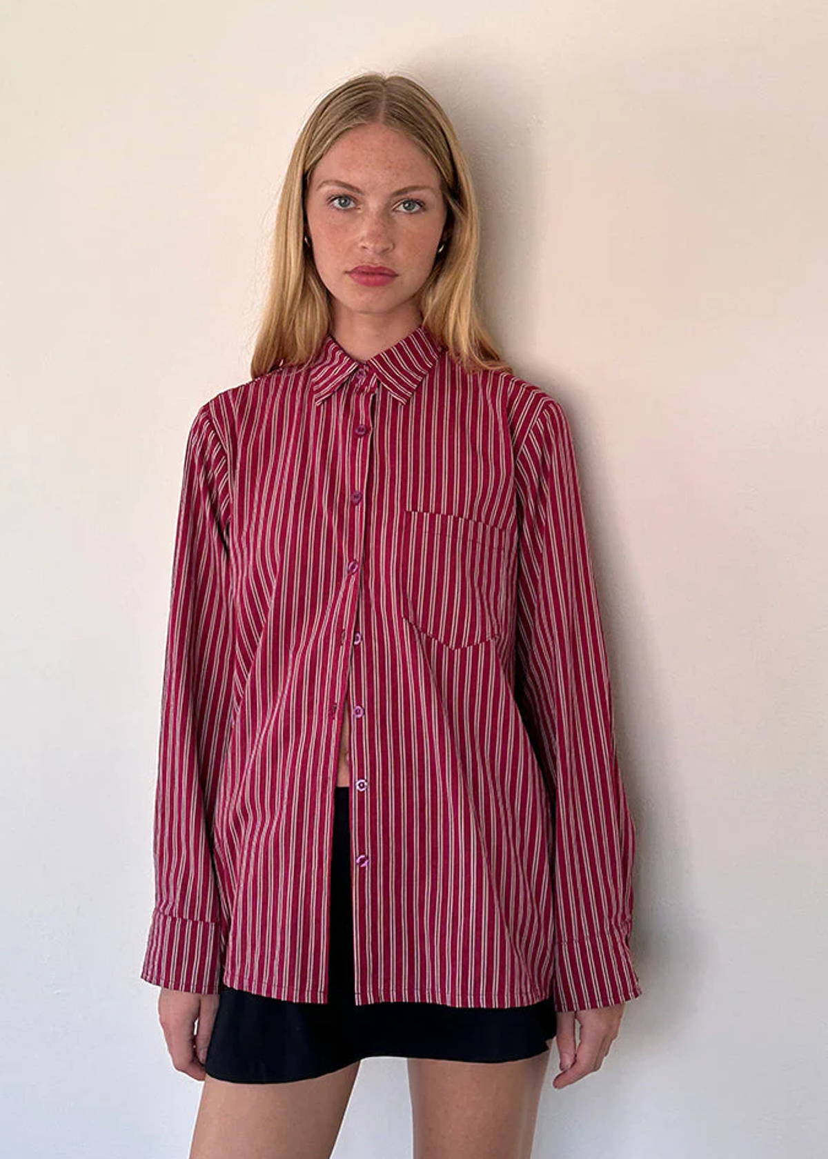 90s inspired Turner maroon and grey stripe button up collared cotton shirt by Motel Rocks