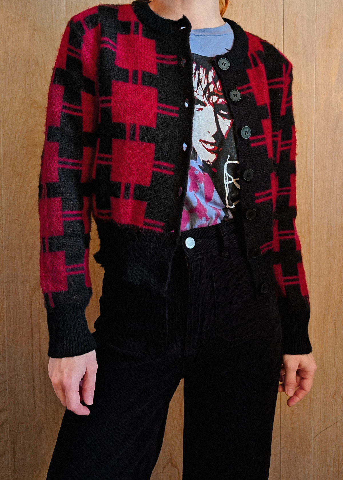 Vivienne Red & Black Check Brushed Cardigan