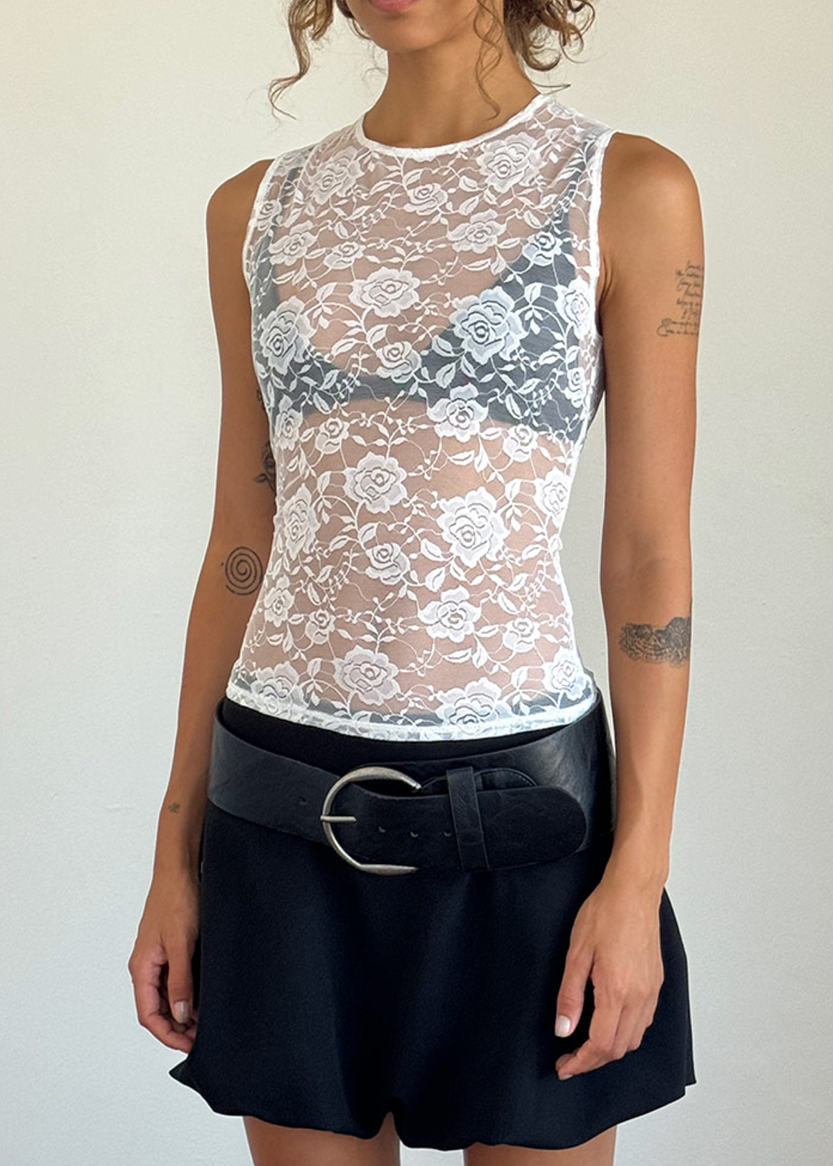 Motel White Rose Lace Sheer Sleeveless Top giving '90s vibes