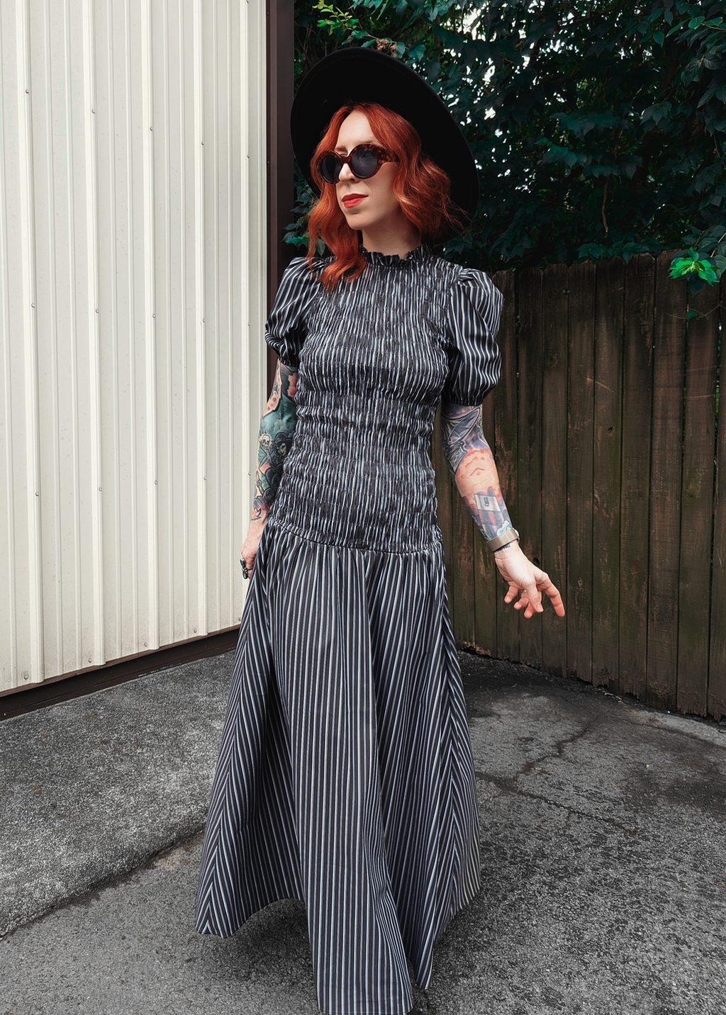 Winter River Grey Stripe Puff Sleeve Prairie Midi Maxi Dress by