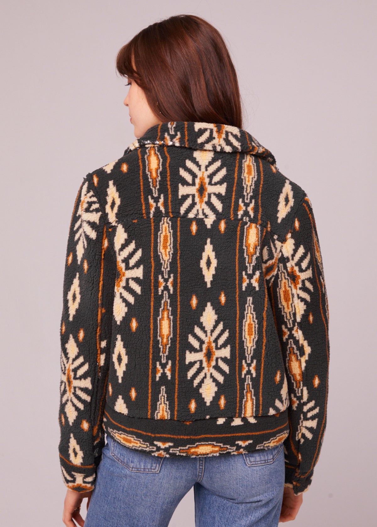 70s inspired charcoal grey and mustard orange faux sherpa shearling Southwest Print jacket with zip front and collar by Band of the Free