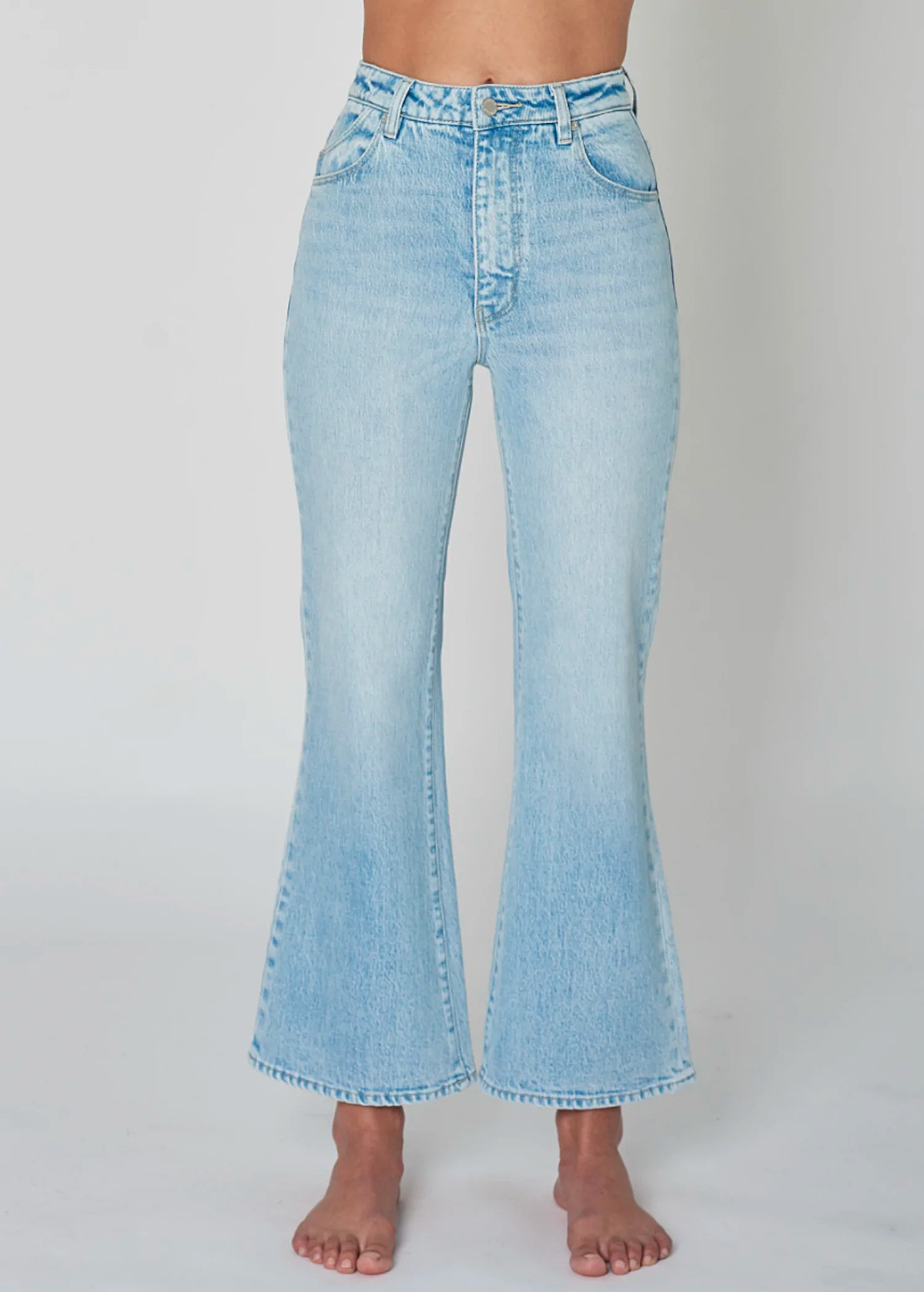 70s inspired bleach blue stretch denim crop ankle length Eastcoast Flares with high rise waist by Rolla's Jeans