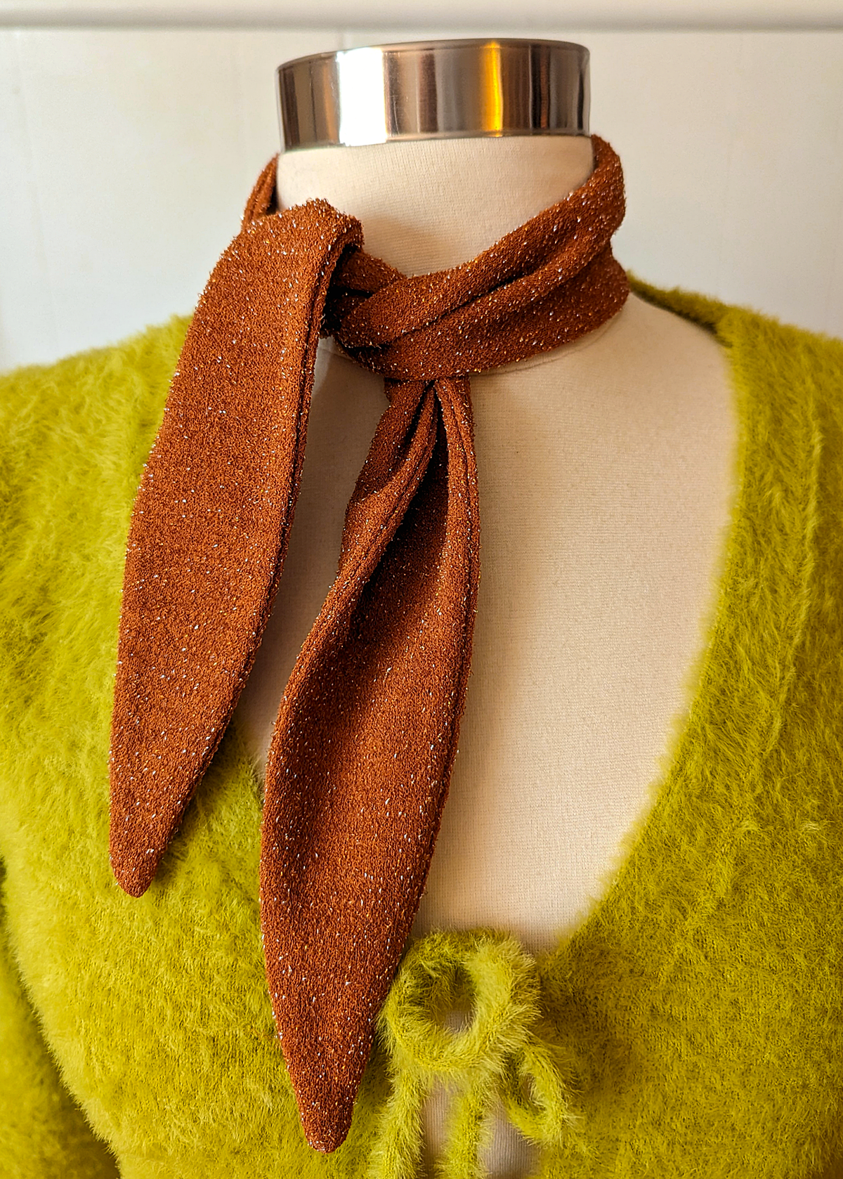 70s inspired disco glitter sparkle Brown Sugar Rust Orange scarf neck tie by I'm with the Band, made in california