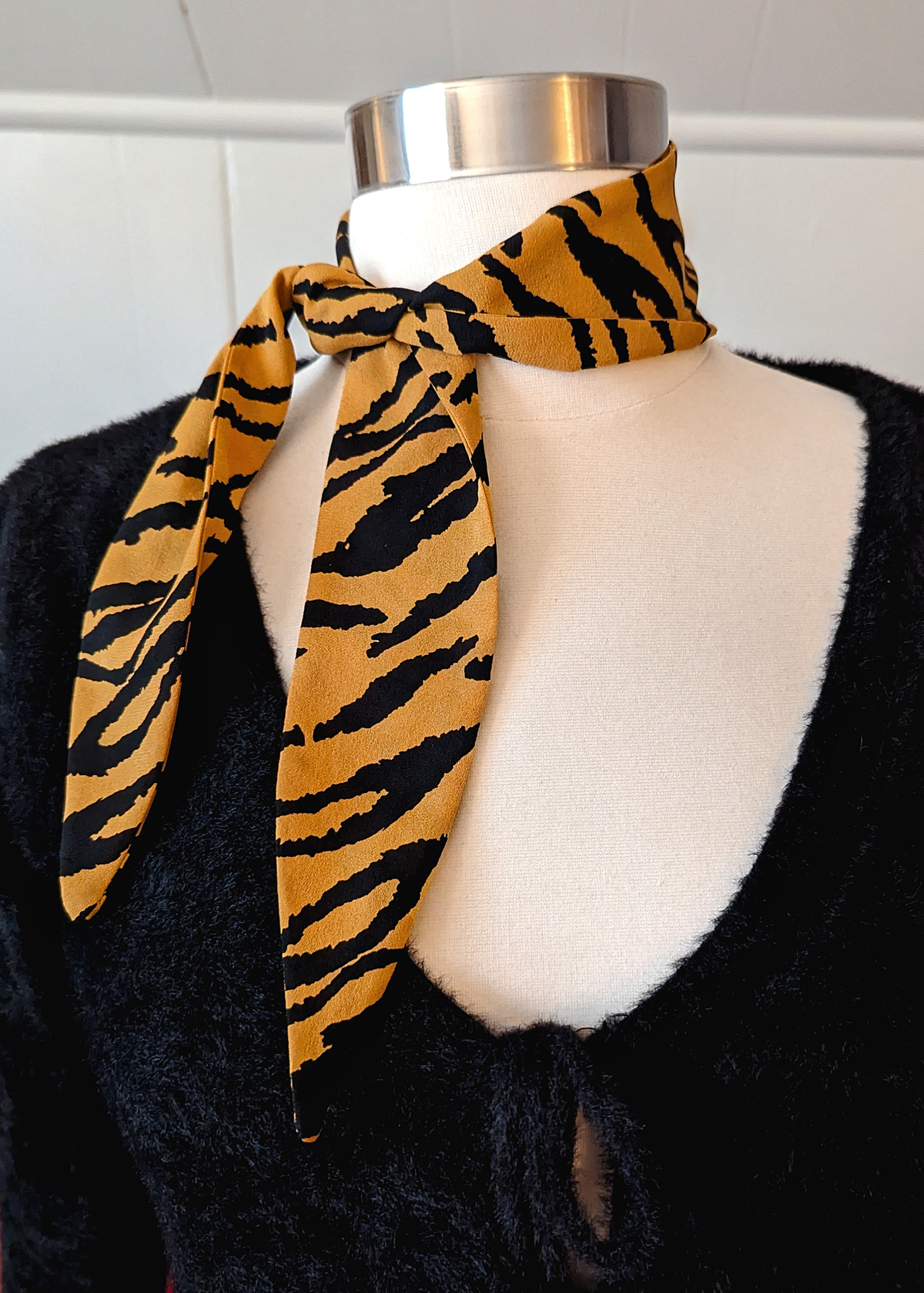 Orange Mustard and Black Tiger Print Silk Scarf Neck Tie by I'm With the Band, handmade in california