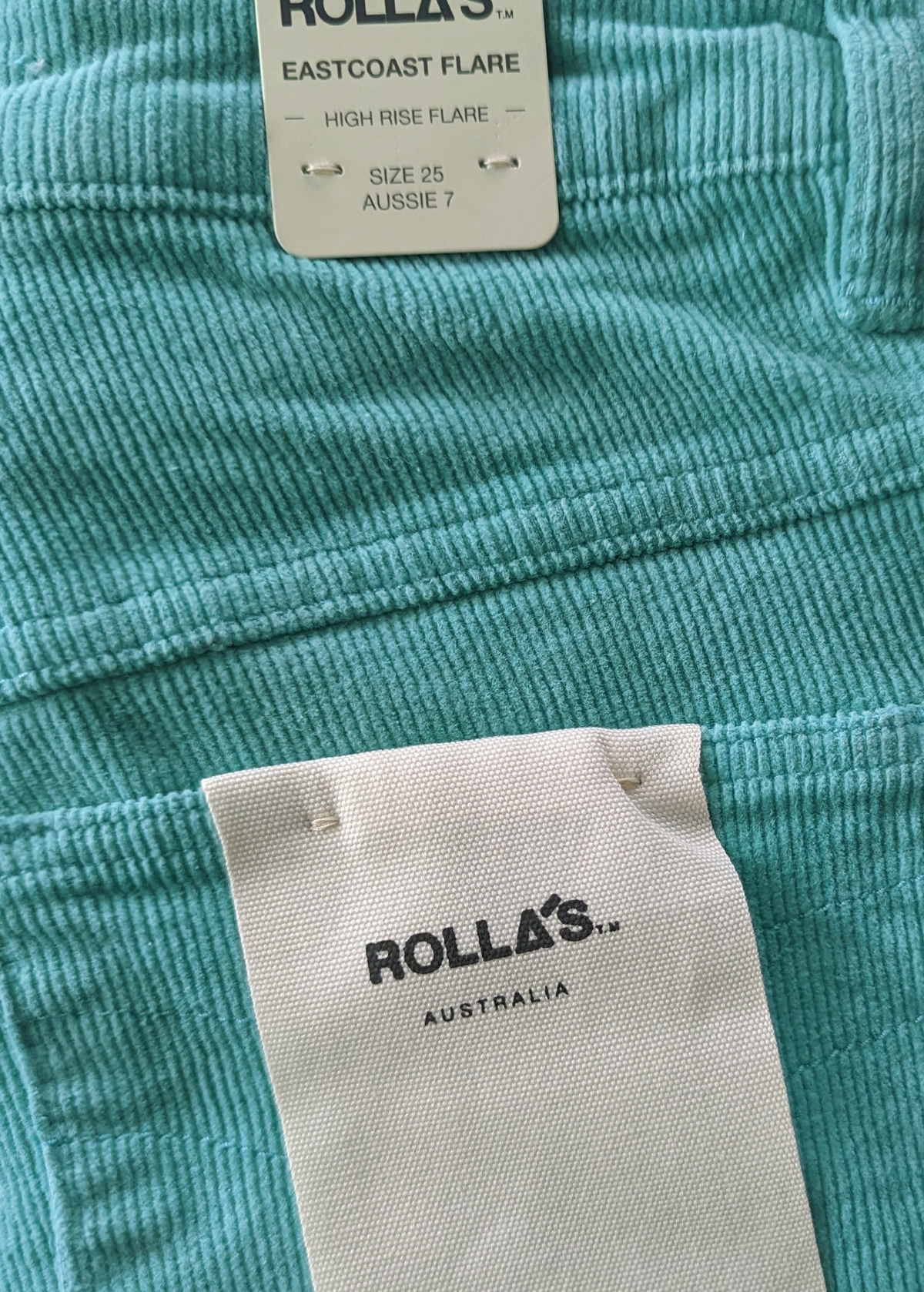 Rolla's Jeans Turquoise Corduroy Flares. 70s inspired bell bottoms with a high rise waist, velvety thin wale corduroy, and a flare leg